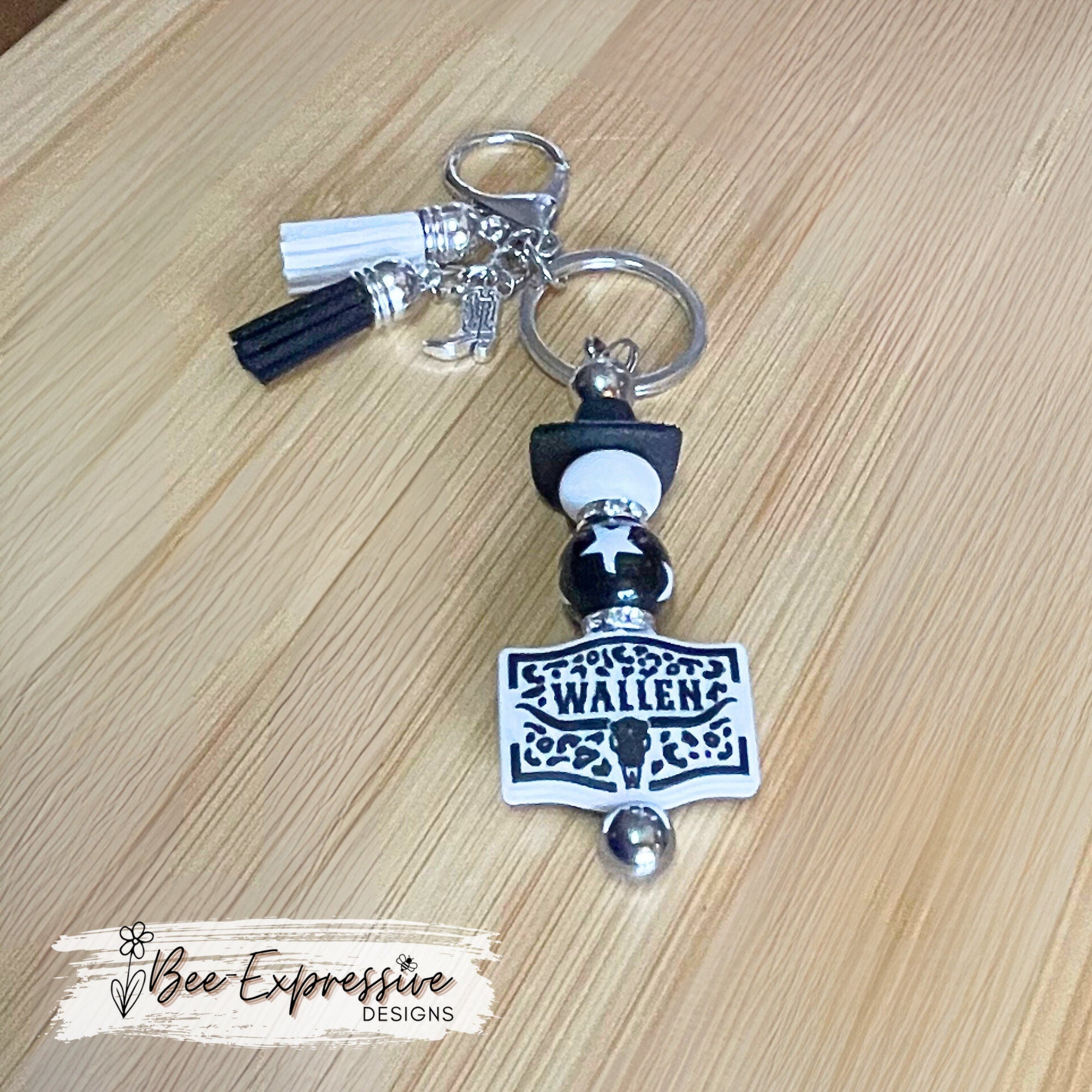 Handmade, silicone WALLEN keychain! Lobster or swivel clasp, a black cowboy or cowgirl hat, acrylic star bead, metal boot or hat charm!
