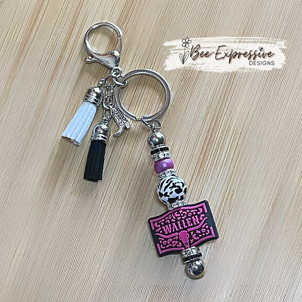 Beaded, WALLEN focal bead keychain! Lobster or swivel clasp, silicone, rhinestone spacers, animal print wood bead, boot charm, and tassels