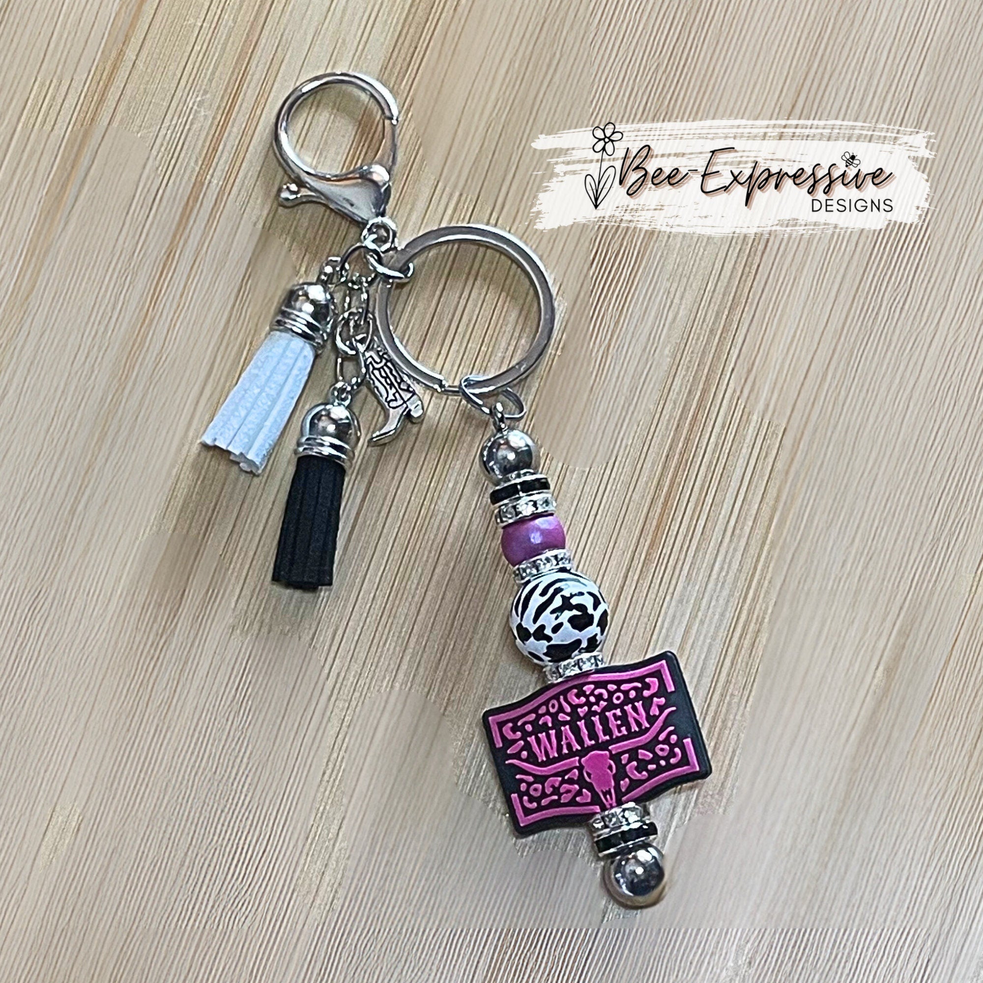Beaded, WALLEN focal bead keychain! Lobster or swivel clasp, silicone, rhinestone spacers, animal print wood bead, boot charm, and tassels