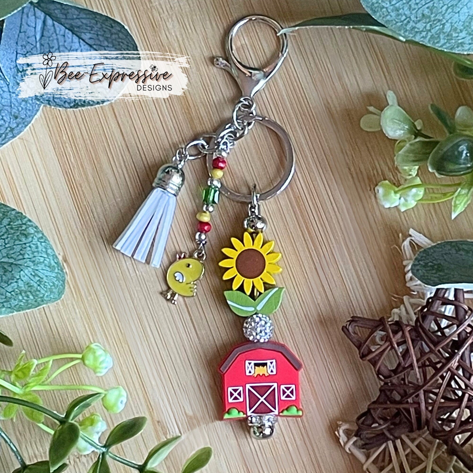 Handmade Farm Barn Keychain: Sunflower, Chicken Charm & Beaded Tassel