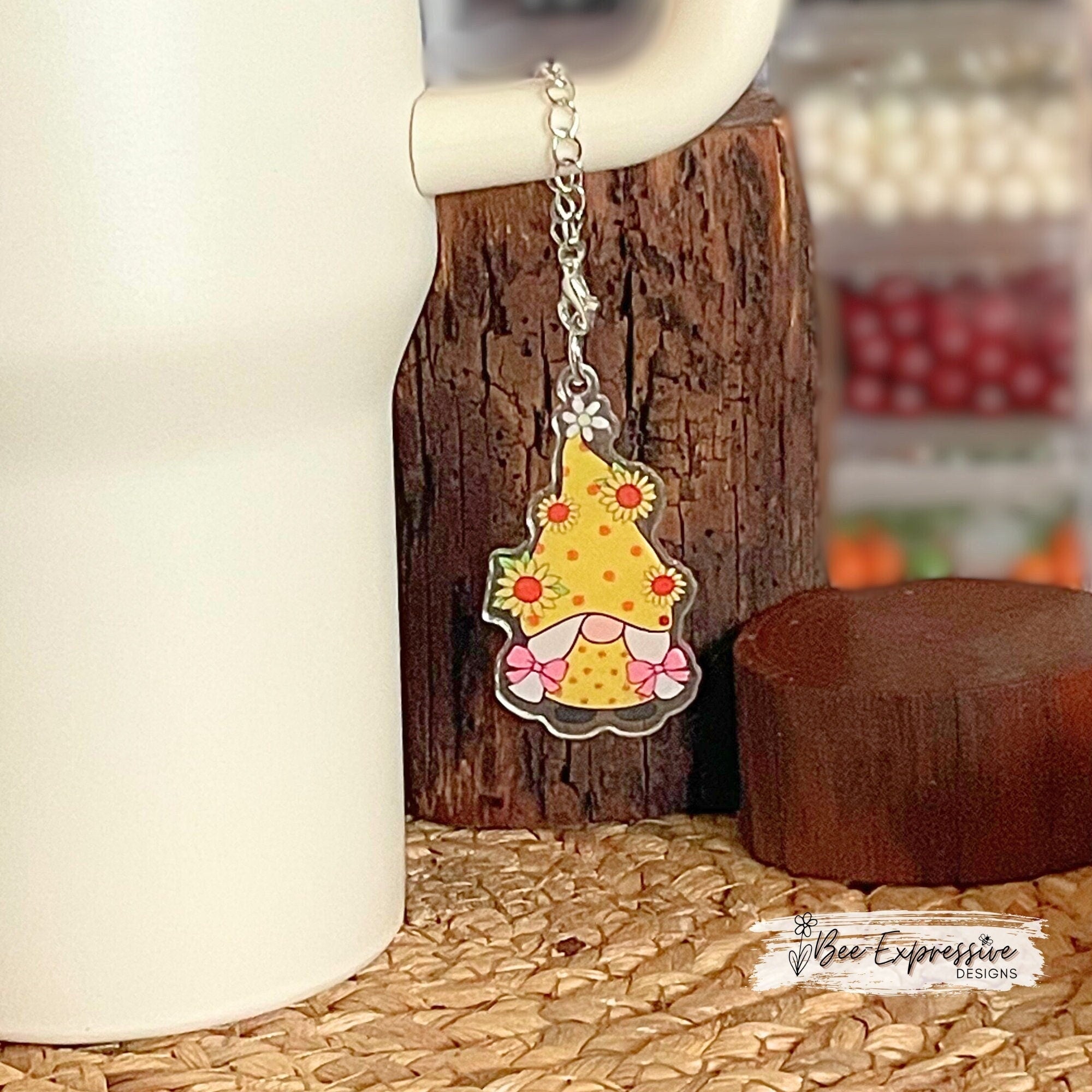 Unique and adorable, acrylic sunflower girl gnome charm chain, accessory for tumbler cups!  2 Small lobster clasps and chain