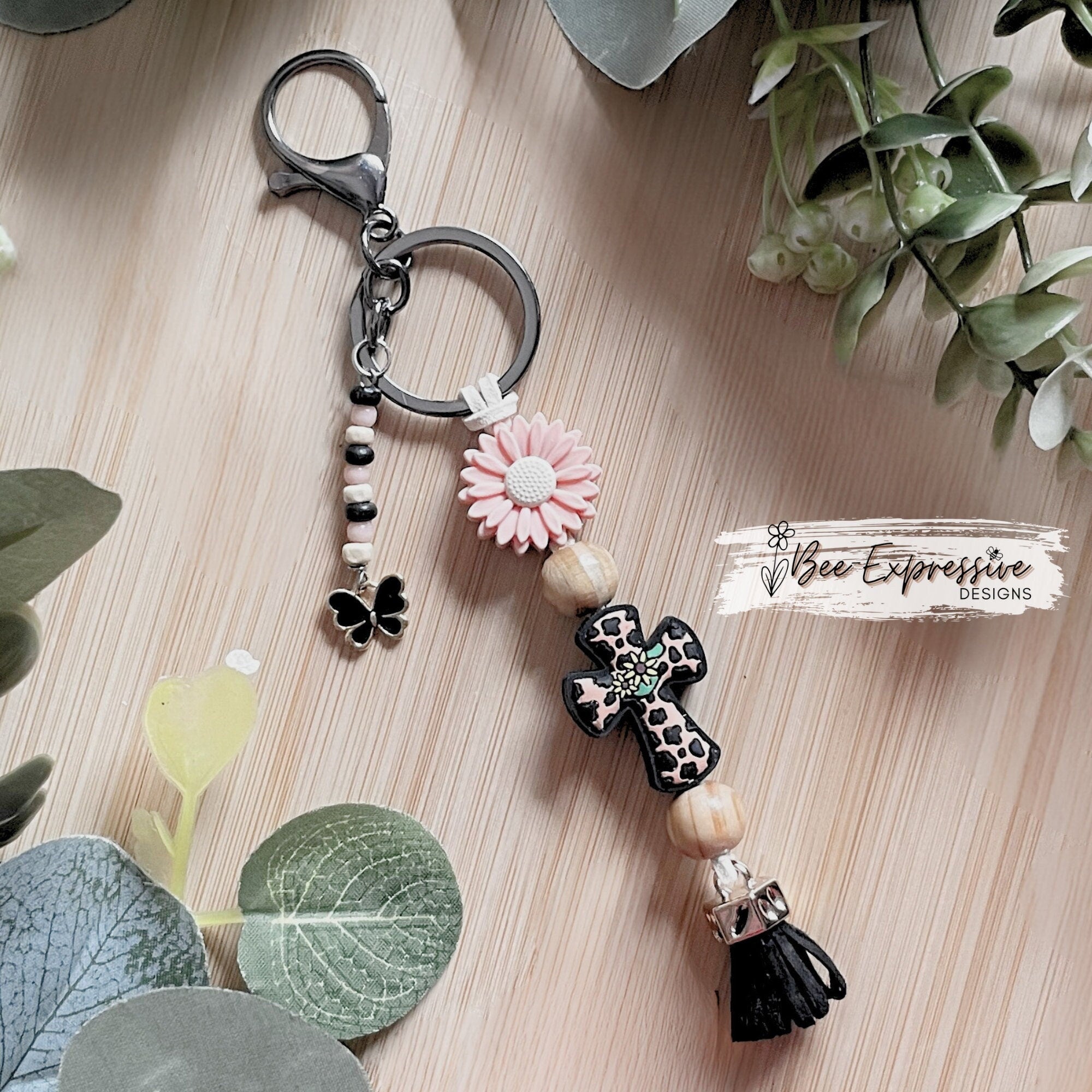 Handmade Black Cross Keychain: Suede Cord, Wood Beads & Butterfly Tassel