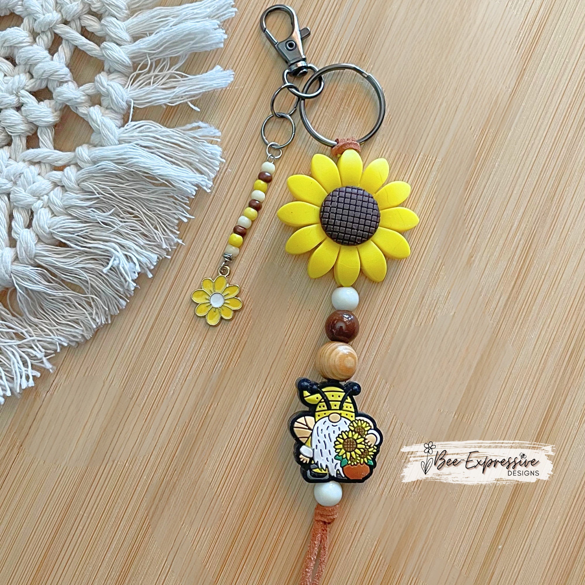 Handmade Sunflower Gnome Keychain: Beaded Tassel, Suede Cord