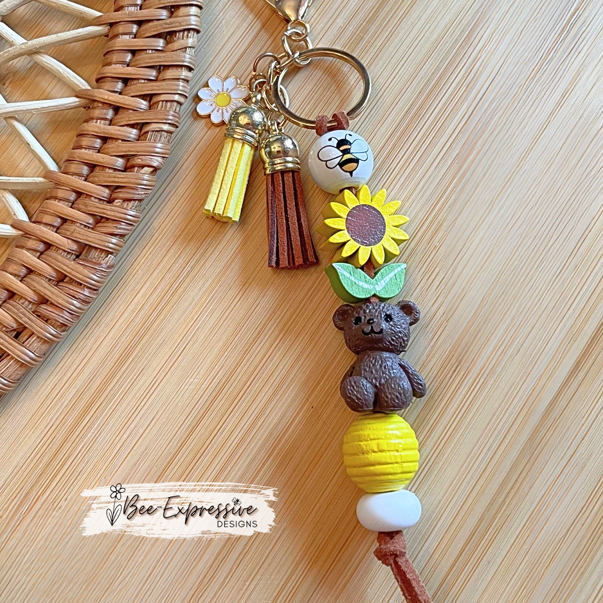Handmade Honey Bear Keychain: Wood Sunflower, Bee, Daisy Charm