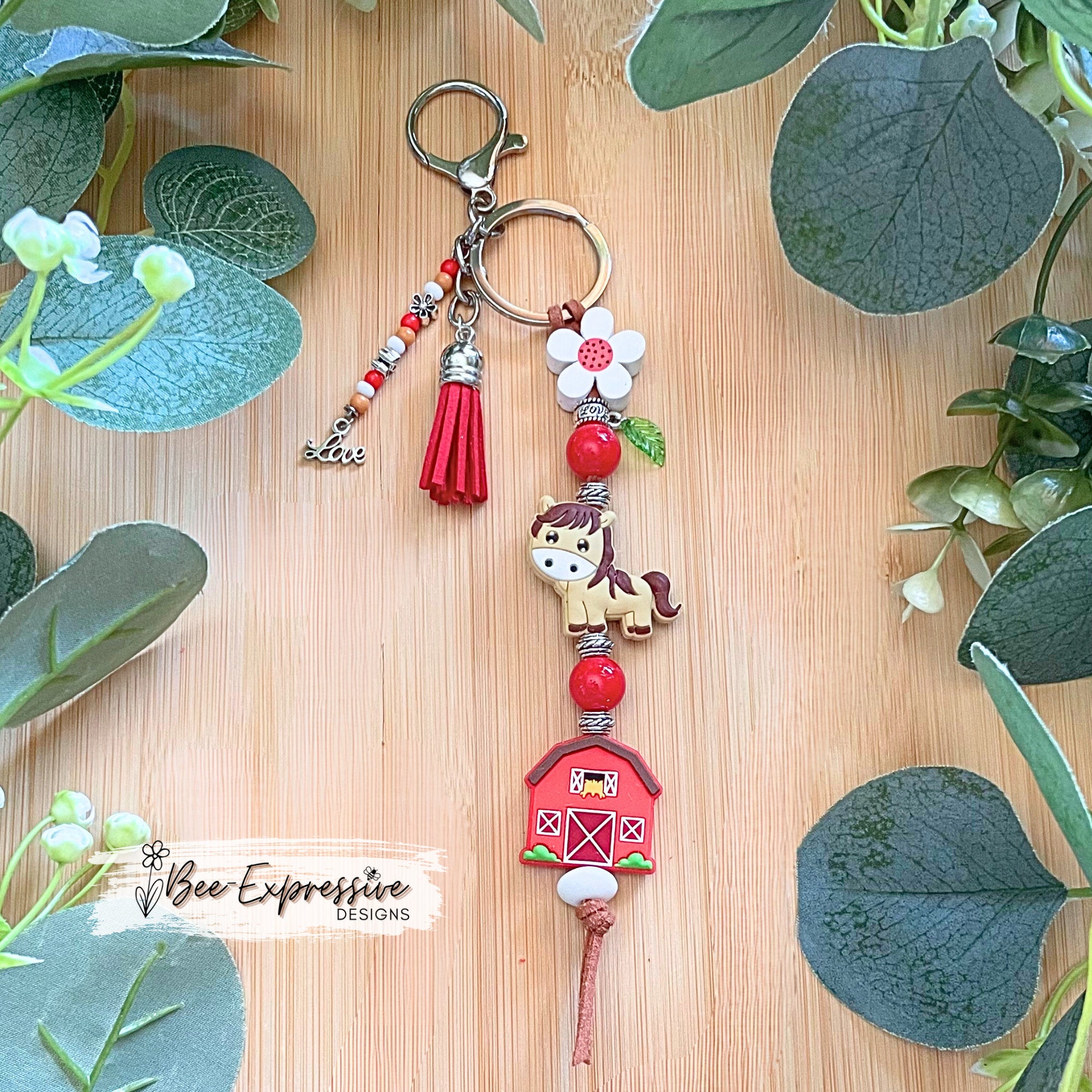 Handmade Horse & Barn Keychain: Beaded Tassel, Wood Daisy, LOVE Charm