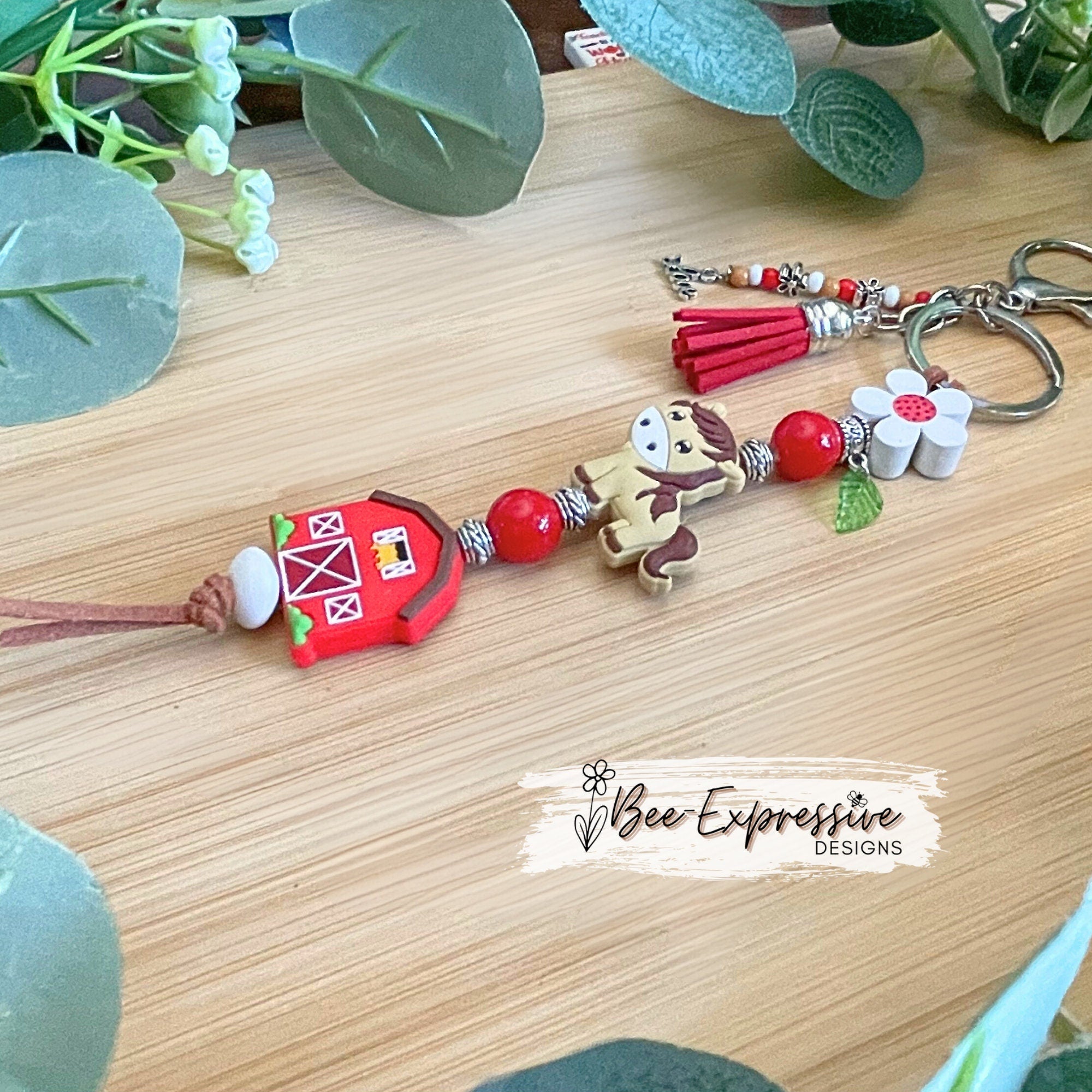 Daisy, red barn, & horse keychain! Lobster or swivel clasp, wood daisy flower, suede cord, metal flower beads, beaded tassel, LOVE charm!