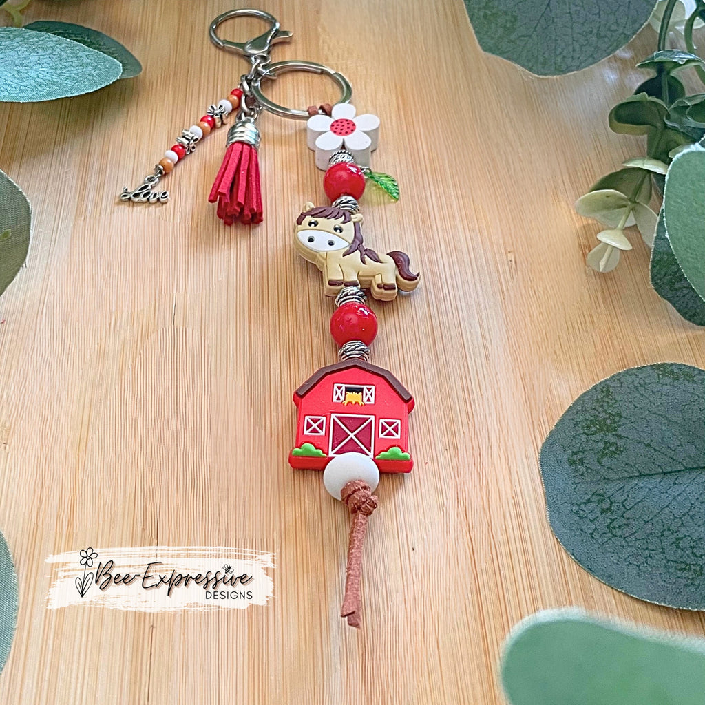 Daisy, red barn, & horse keychain! Lobster or swivel clasp, wood daisy flower, suede cord, metal flower beads, beaded tassel, LOVE charm!