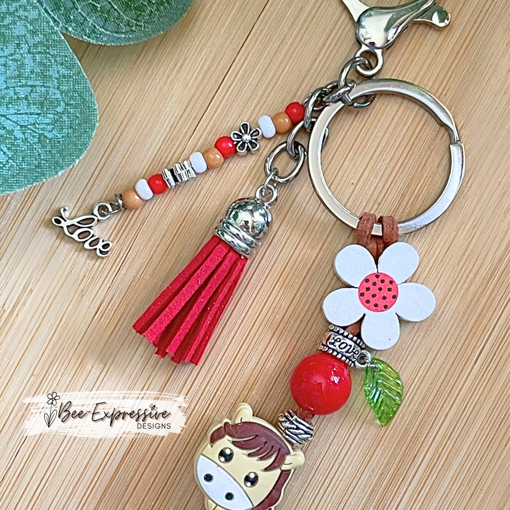 Daisy, red barn, & horse keychain! Lobster or swivel clasp, wood daisy flower, suede cord, metal flower beads, beaded tassel, LOVE charm!