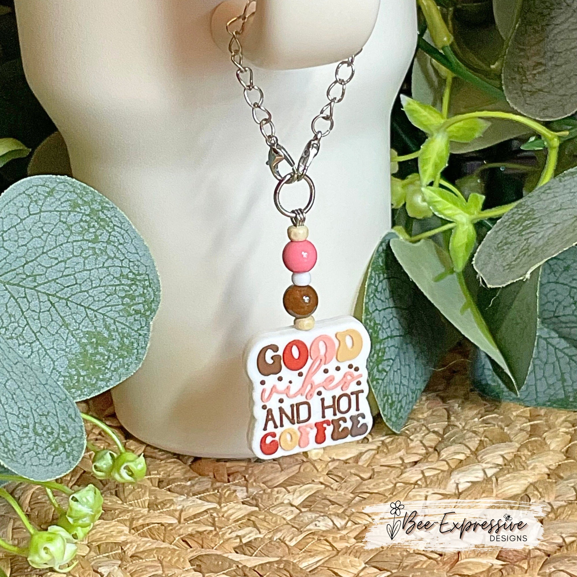 Tumbler charm chain! Good Vibes and Hot Coffee, Connects with 2 small lobster claw clasps, silicone focal bead, acrylic beads and chain!!