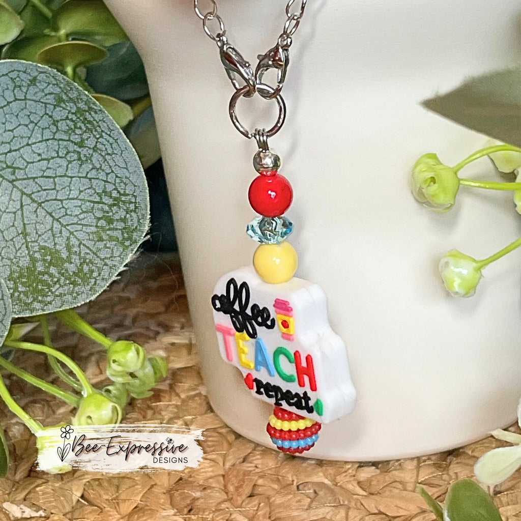 Handmade, unique, tumbler charm TEACHER chain! Lobster claw clasps, silver chain, silicone focal bead, acrylic round beads
