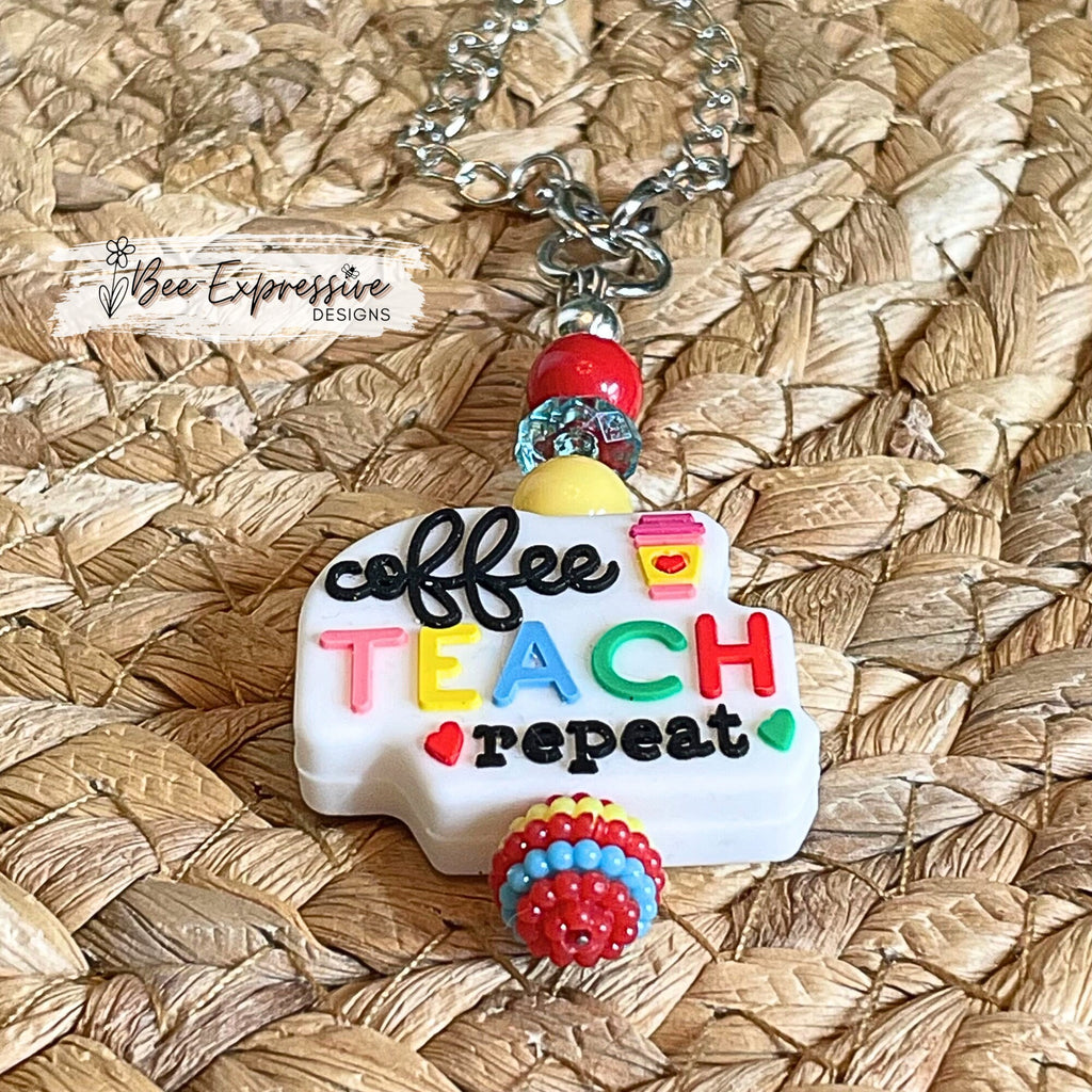 Handmade, unique, tumbler charm TEACHER chain! Lobster claw clasps, silver chain, silicone focal bead, acrylic round beads