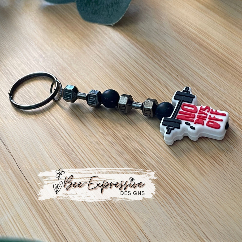 Handmade, weightlifting, work out keychain!  Swivel clasp & keyring, elastic string, with focal bead, metal dumbbells, and silicone beads