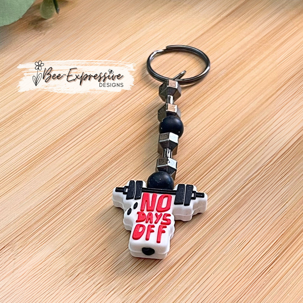 Handmade, weightlifting, work out keychain!  Swivel clasp & keyring, elastic string, with focal bead, metal dumbbells, and silicone beads
