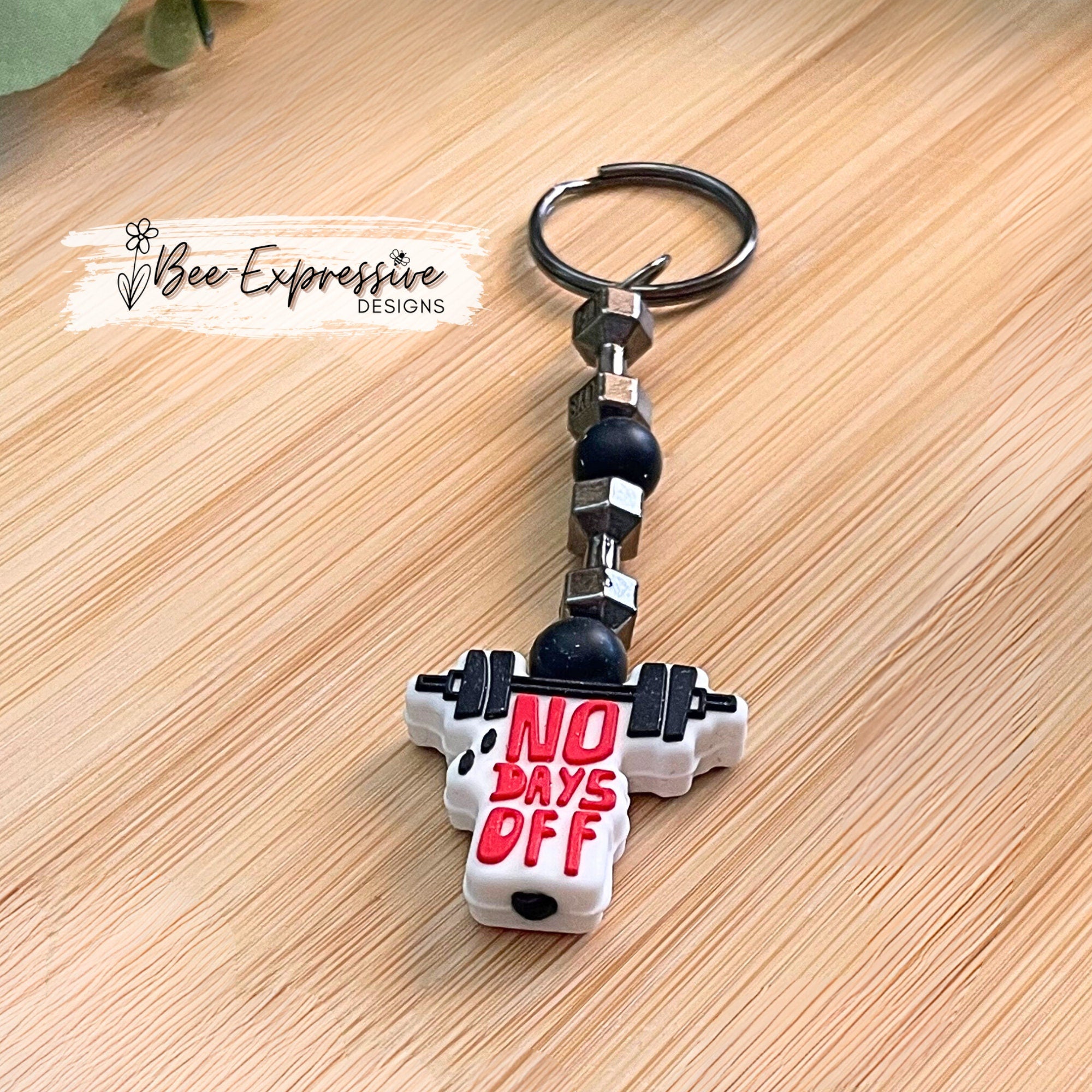 Handmade, weightlifting, work out keychain!  Swivel clasp & keyring, elastic string, with focal bead, metal dumbbells, and silicone beads