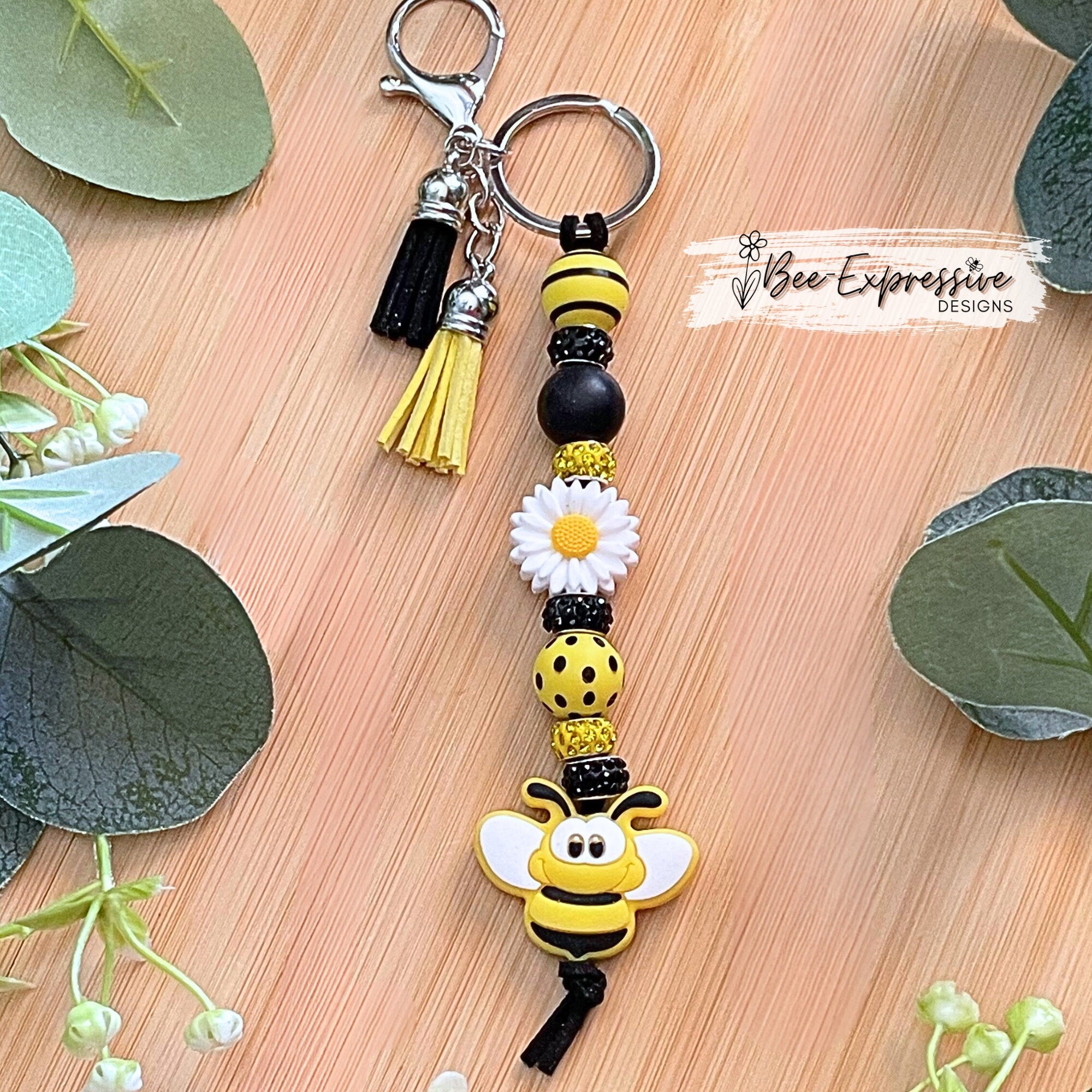 Silicone, BUMBLEBEE keychain!  Lobster or swivel clasp, bee focal bead, white daisy focal bead, wood beads, tassels, rhinestone beads