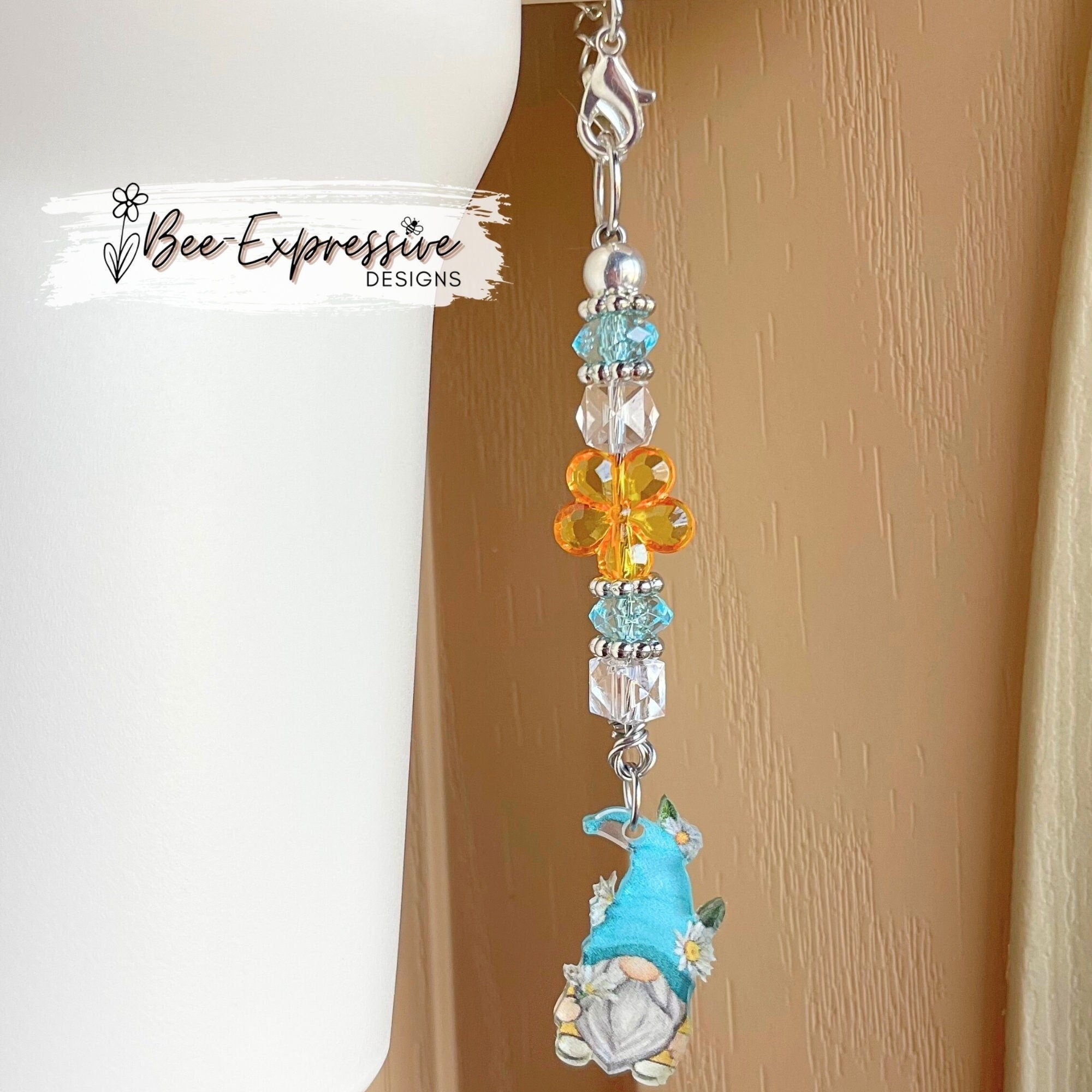 Handmade Gnome Tumbler Charm: Sunflower Pendant, Acrylic Beads