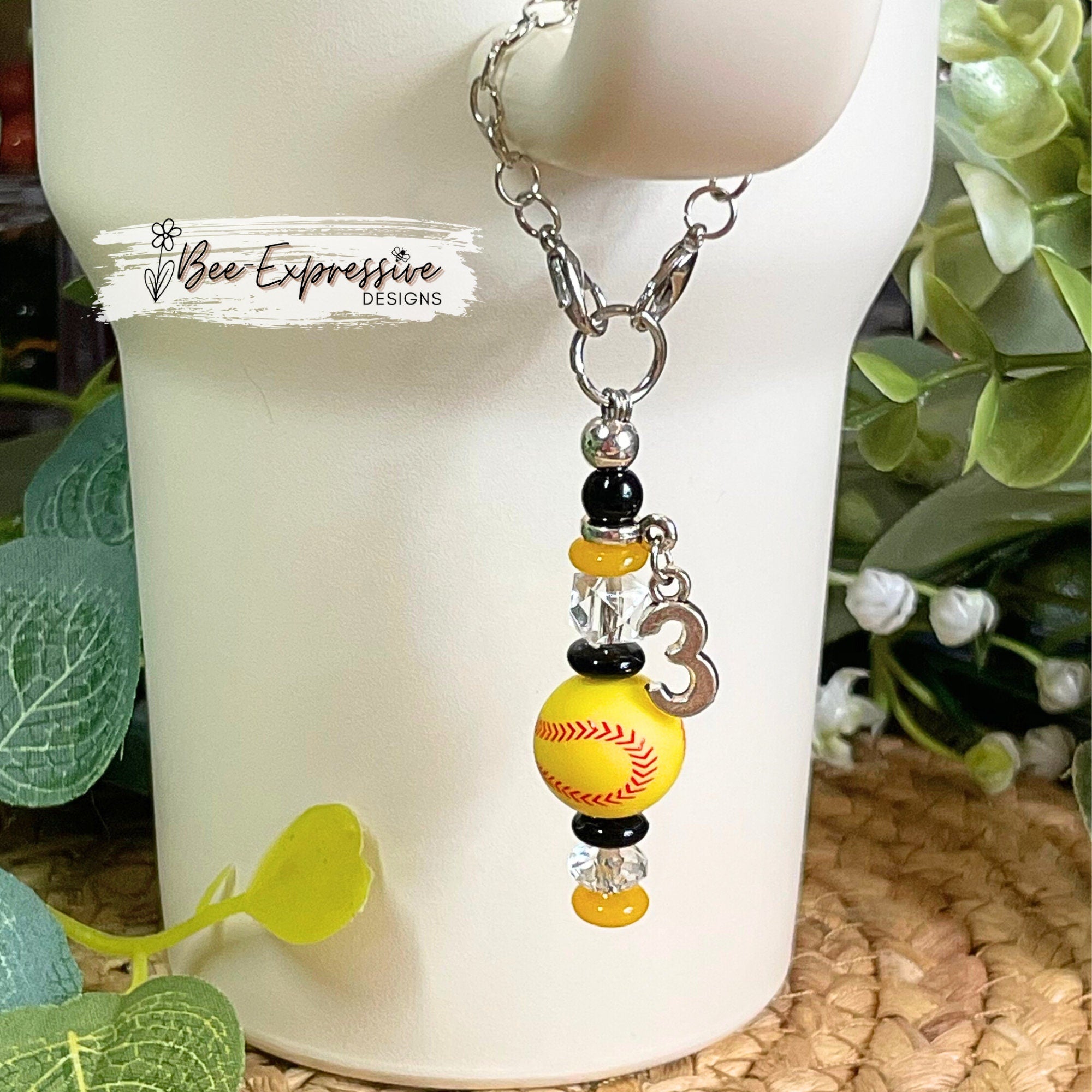 Handmade and unique, sports tumbler charm chains! Basketball, volleyball, baseball, softball, and soccer silicone balls, jersey # charm!