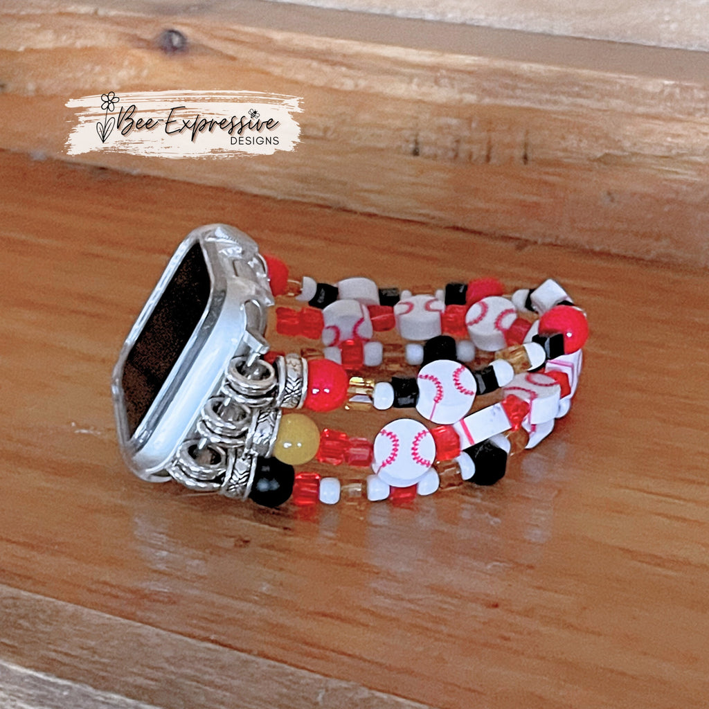 Handmade, unique, beaded BASEBALL bracelet for Apple watch! 3 strands, baseballs, bail bead ends, acrylic beads, charms, custom lengths!