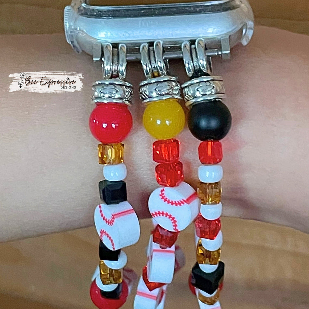 Handmade, unique, beaded BASEBALL bracelet for Apple watch! 3 strands, baseballs, bail bead ends, acrylic beads, charms, custom lengths!