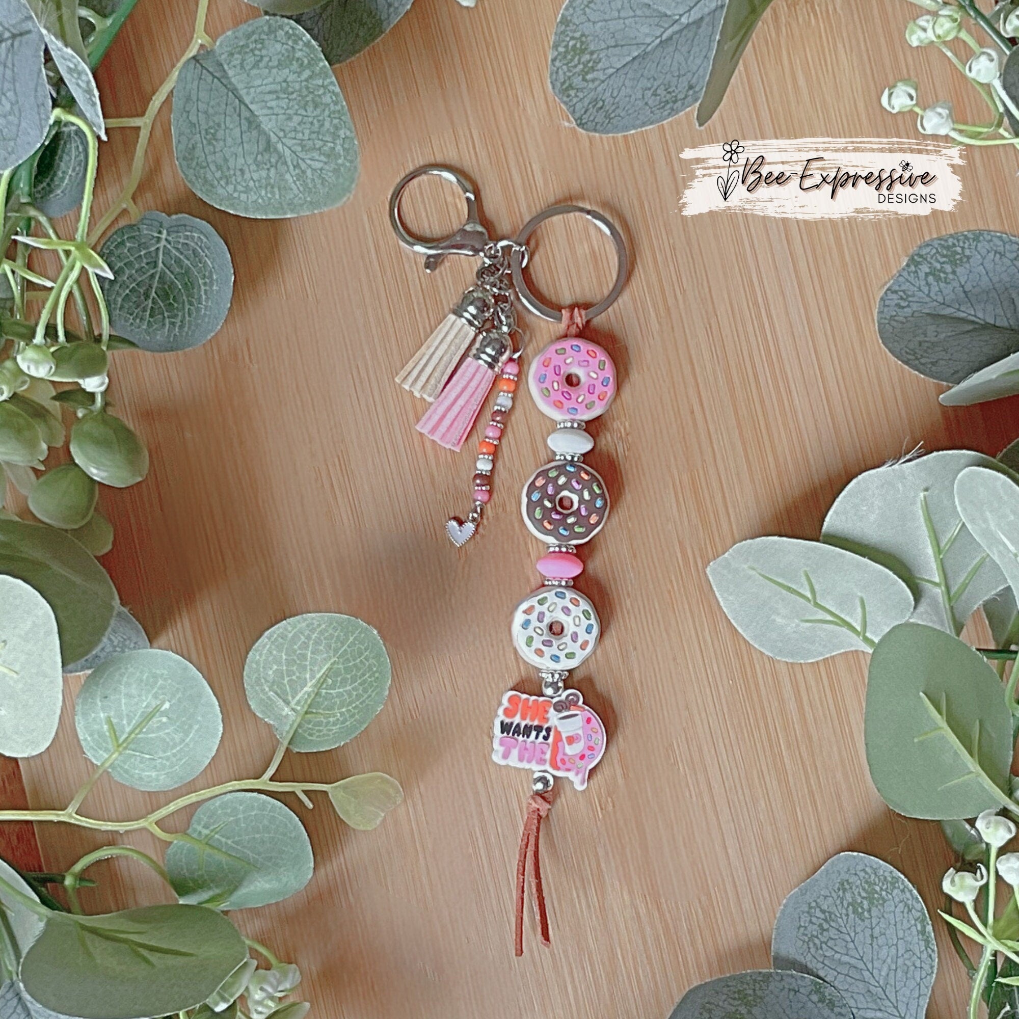 Handmade Donut Keychain: Silicone Beads, Suede Tassel & Heart Charm