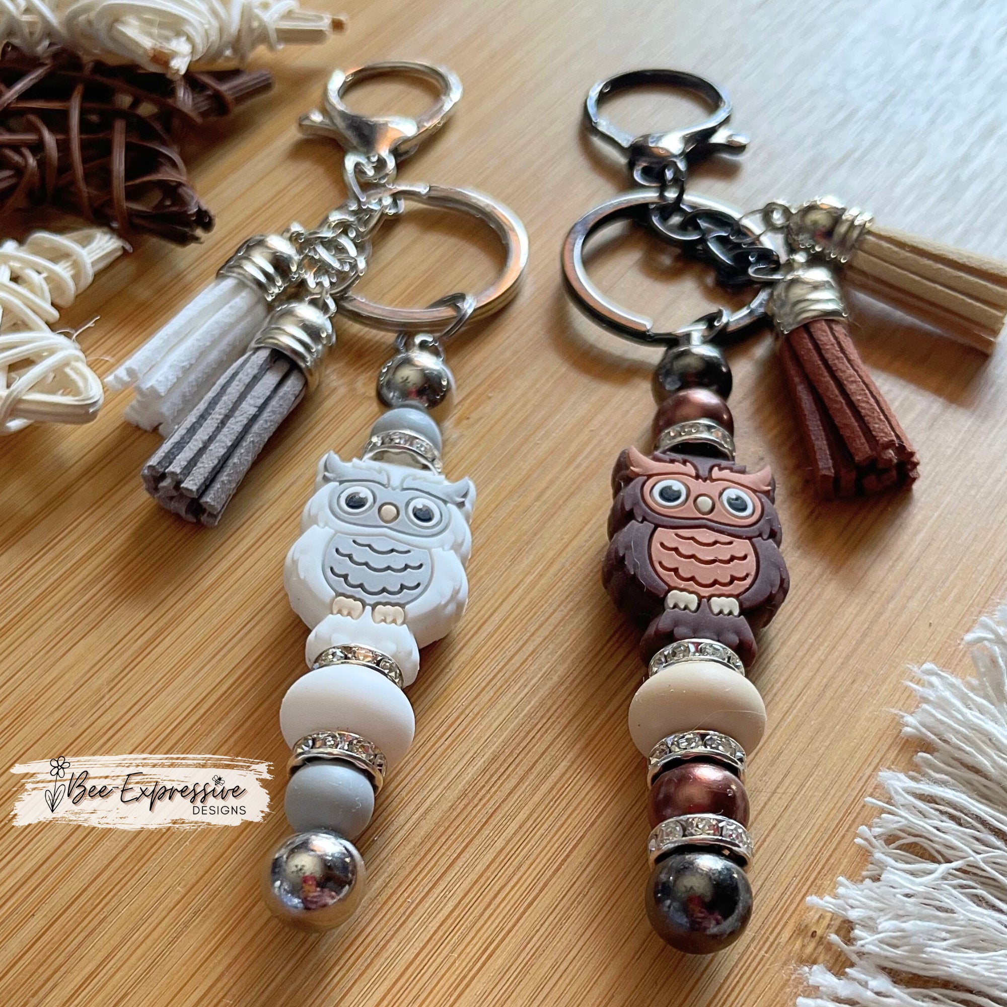 Handmade Owl Keychain: Beaded Tassel Charm, Lobster Clasp