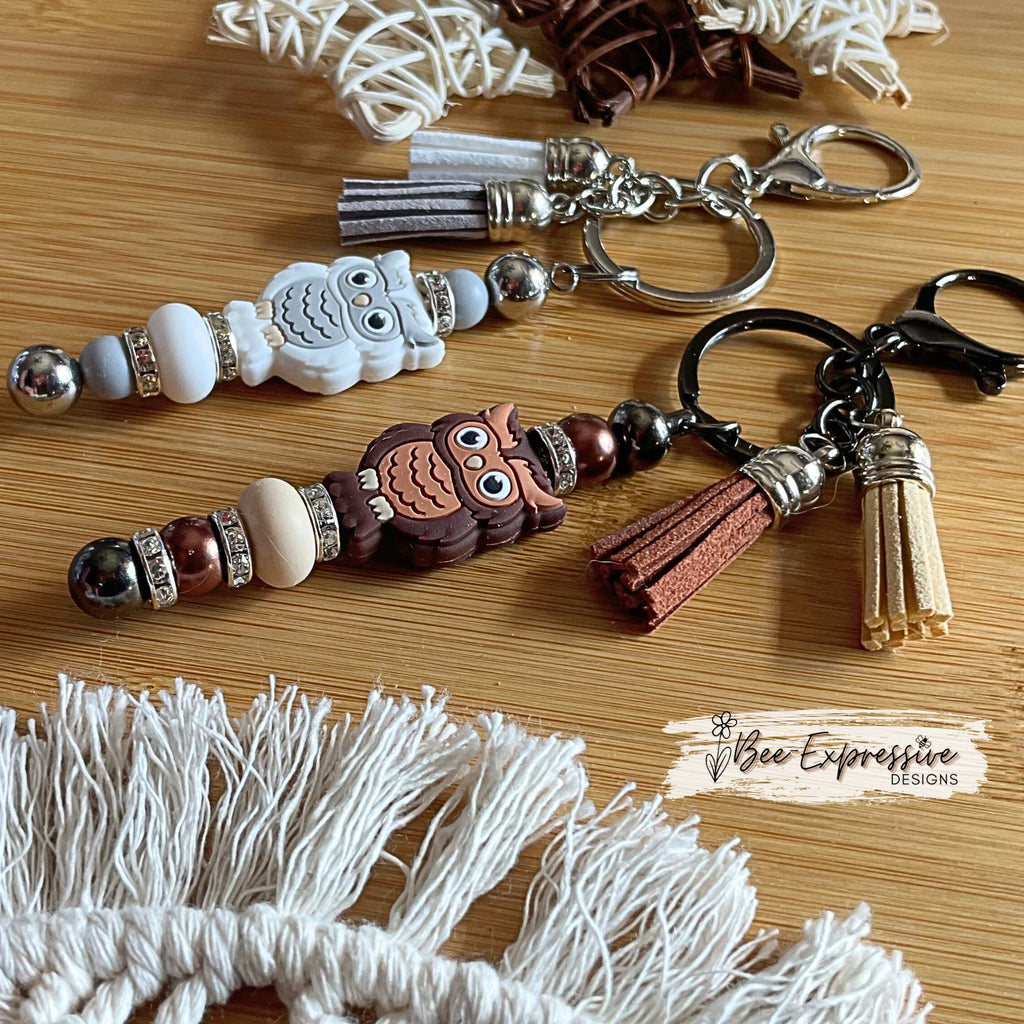 Handmade Owl Keychain: Beaded Tassel Charm, Lobster Clasp