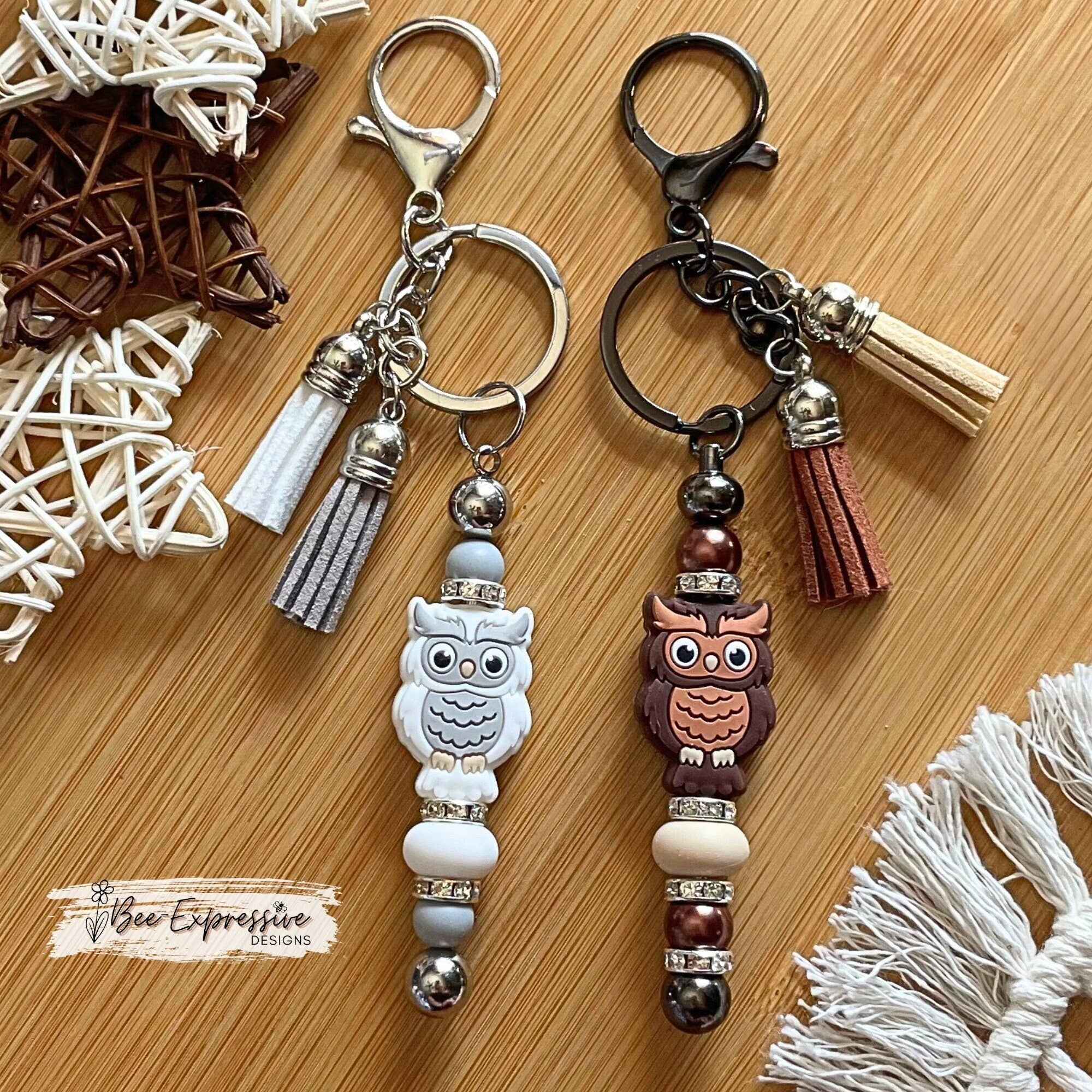 Handmade Owl Keychain: Beaded Tassel Charm, Lobster Clasp