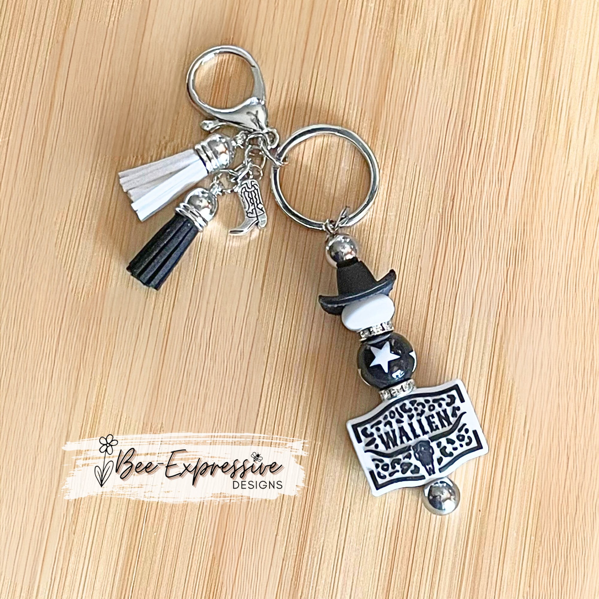 Handmade, silicone WALLEN keychain! Lobster or swivel clasp, a black cowboy or cowgirl hat, acrylic star bead, metal boot or hat charm!