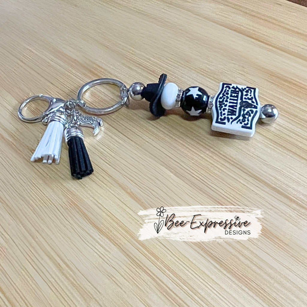 Handmade, silicone WALLEN keychain! Lobster or swivel clasp, a black cowboy or cowgirl hat, acrylic star bead, metal boot or hat charm!