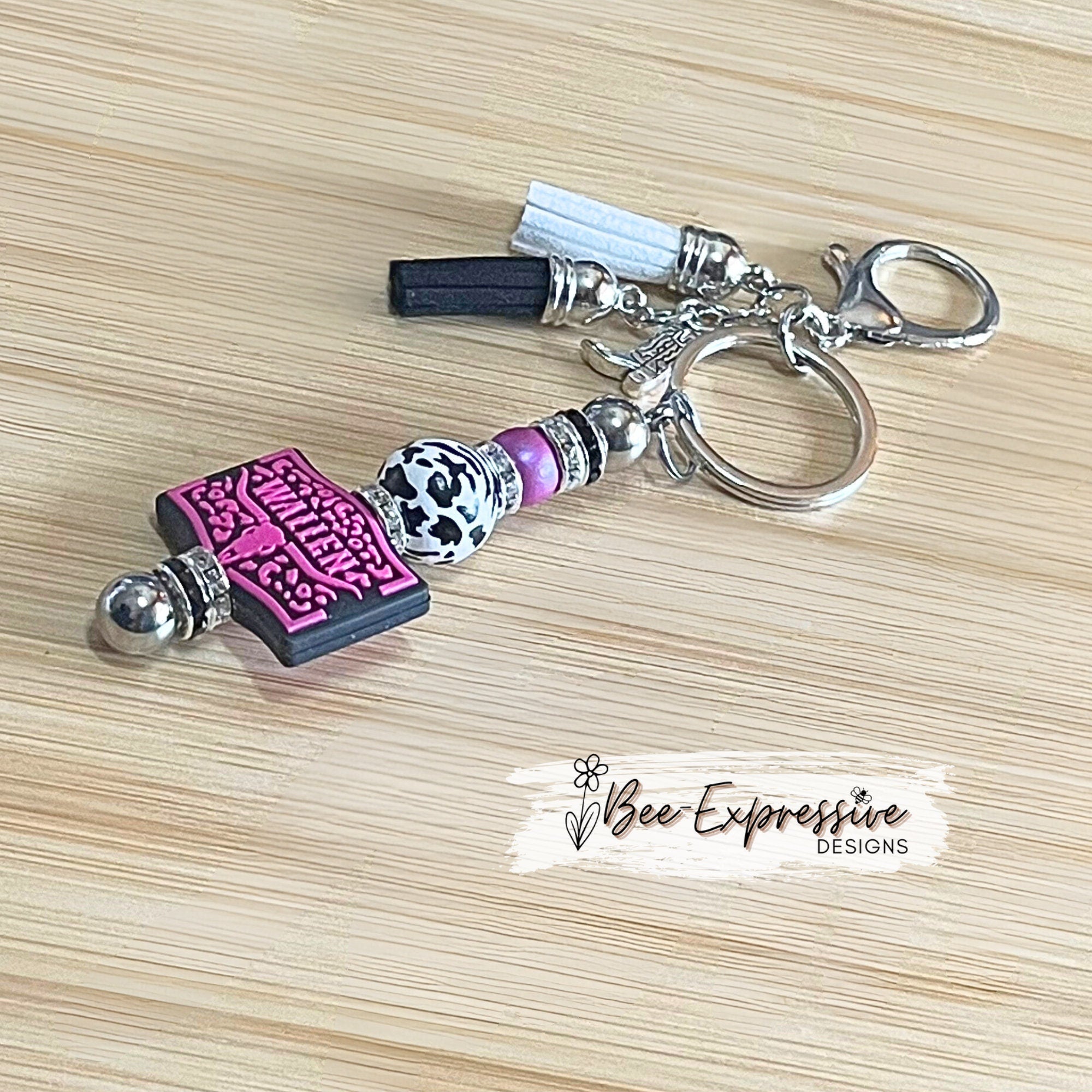 Beaded, WALLEN focal bead keychain! Lobster or swivel clasp, silicone, rhinestone spacers, animal print wood bead, boot charm, and tassels