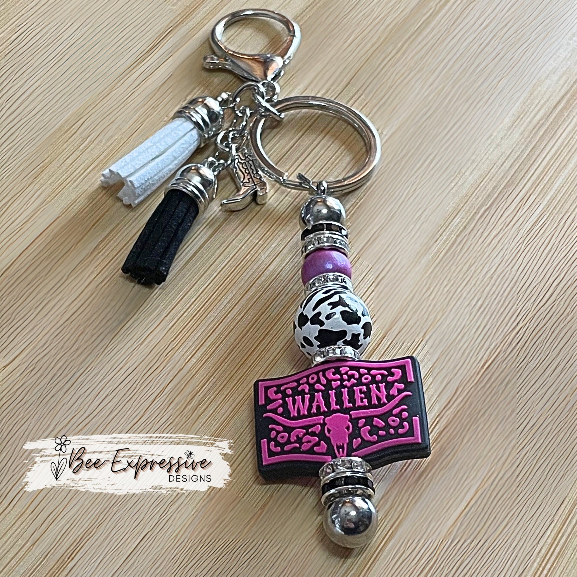 Beaded, WALLEN focal bead keychain! Lobster or swivel clasp, silicone, rhinestone spacers, animal print wood bead, boot charm, and tassels