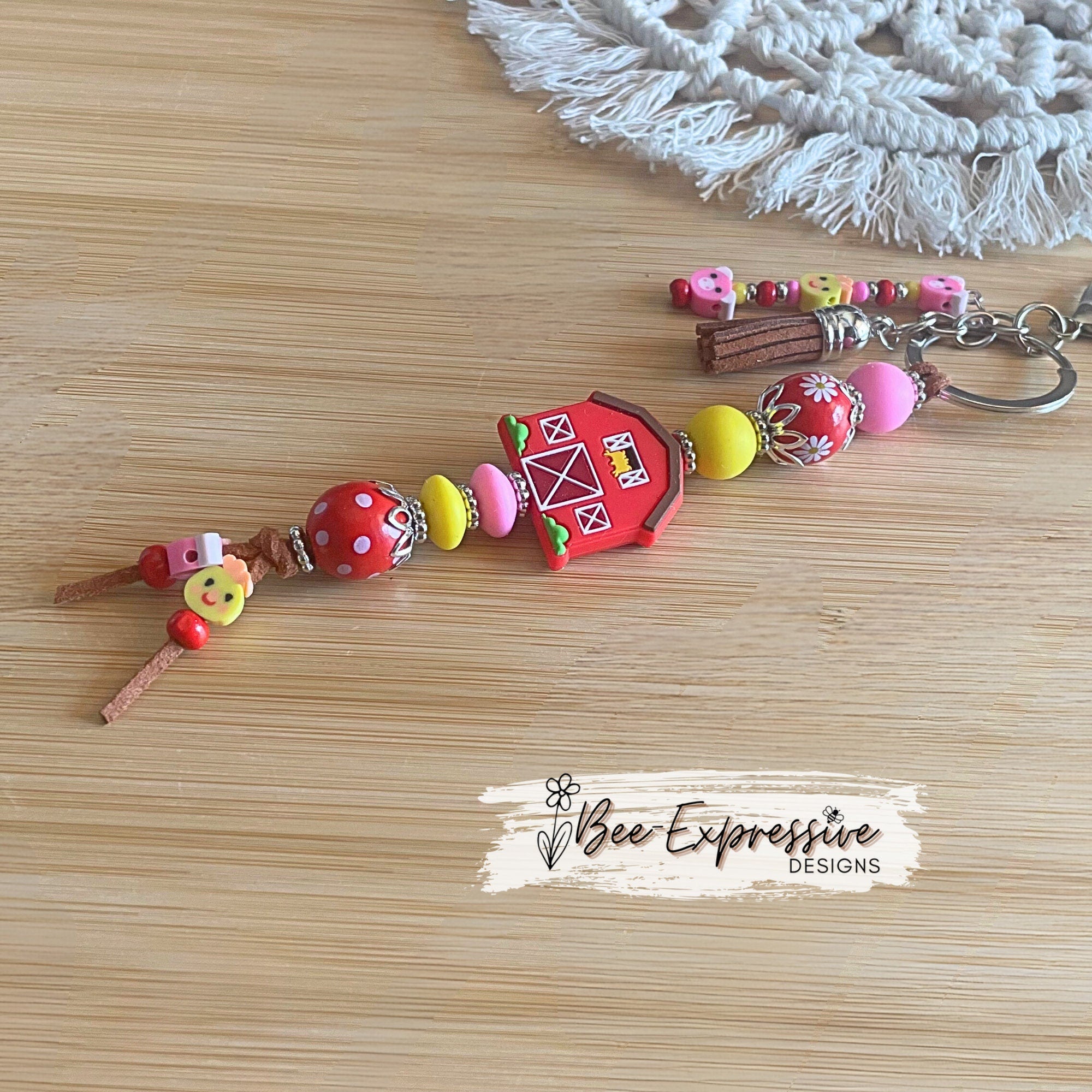 Handmade, vividly colored, silicone red barn keychain! Lobster clasp on suede cord, beaded tassel, pig & chicken clay beads!