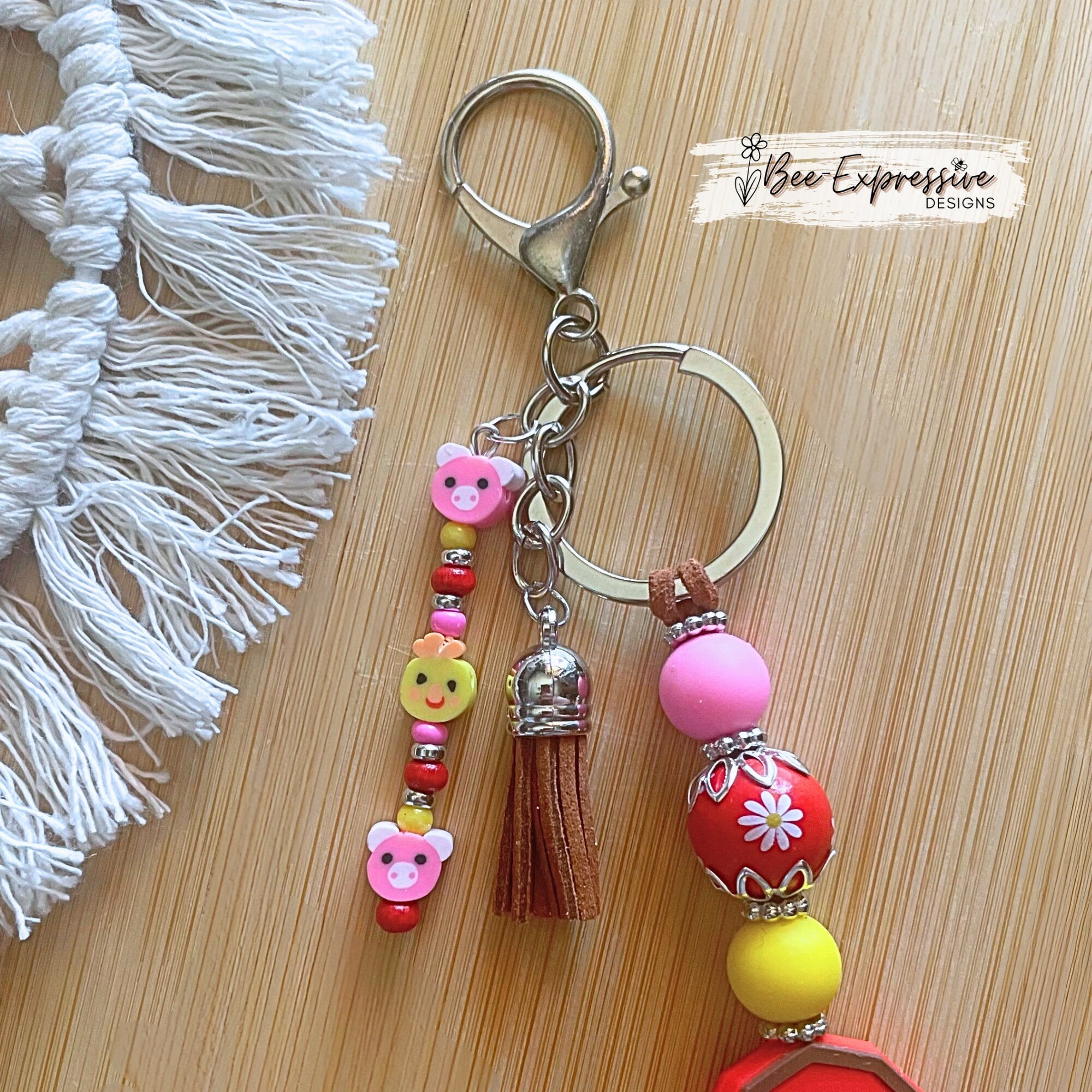 Handmade, vividly colored, silicone red barn keychain! Lobster clasp on suede cord, beaded tassel, pig & chicken clay beads!