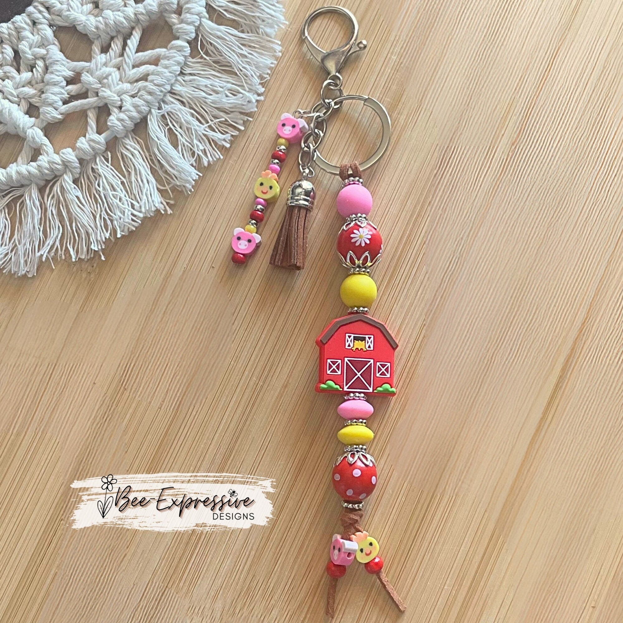 Handmade Red Barn Keychain: Beaded Tassel, Pig & Chicken Clay Beads