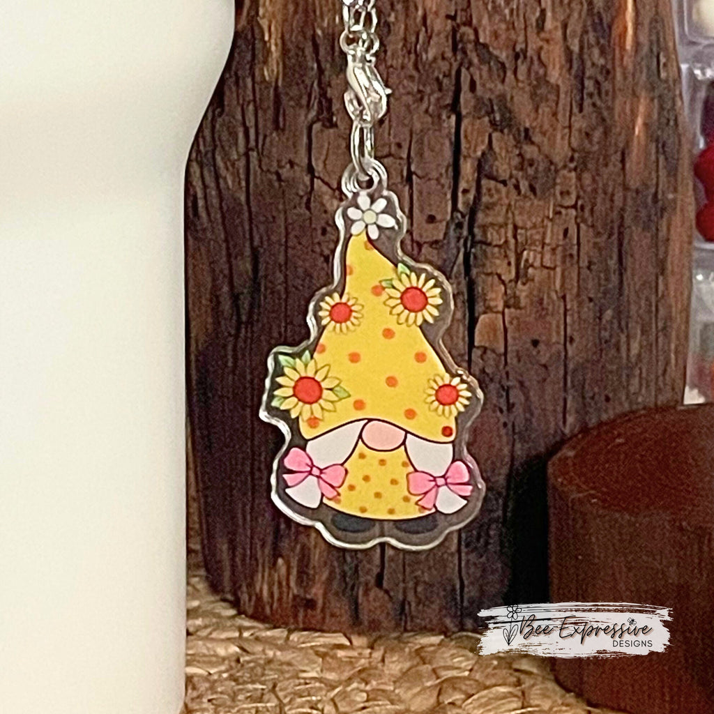 Unique and adorable, acrylic sunflower girl gnome charm chain, accessory for tumbler cups!  2 Small lobster clasps and chain