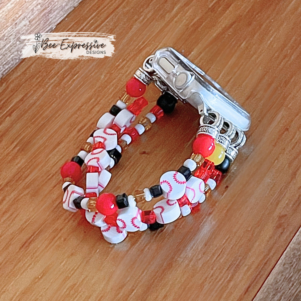 Handmade, unique, beaded BASEBALL bracelet for Apple watch! 3 strands, baseballs, bail bead ends, acrylic beads, charms, custom lengths!
