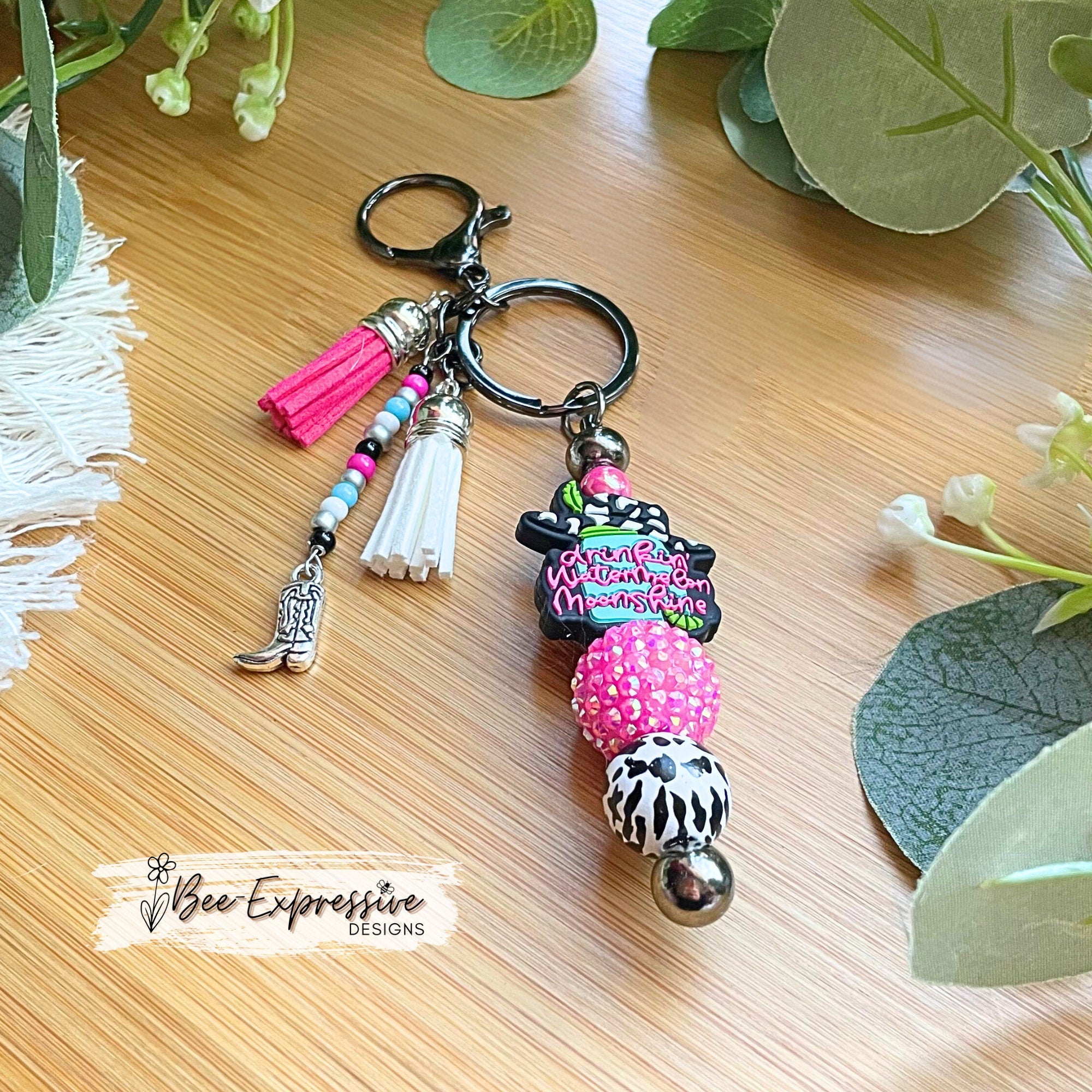 Beaded, Lainey, WATERMELON MOONSHINE, keychain!  Lobster or swivel clasp, chunky bead, animal print bead, acrylic beaded tassel, boot charm