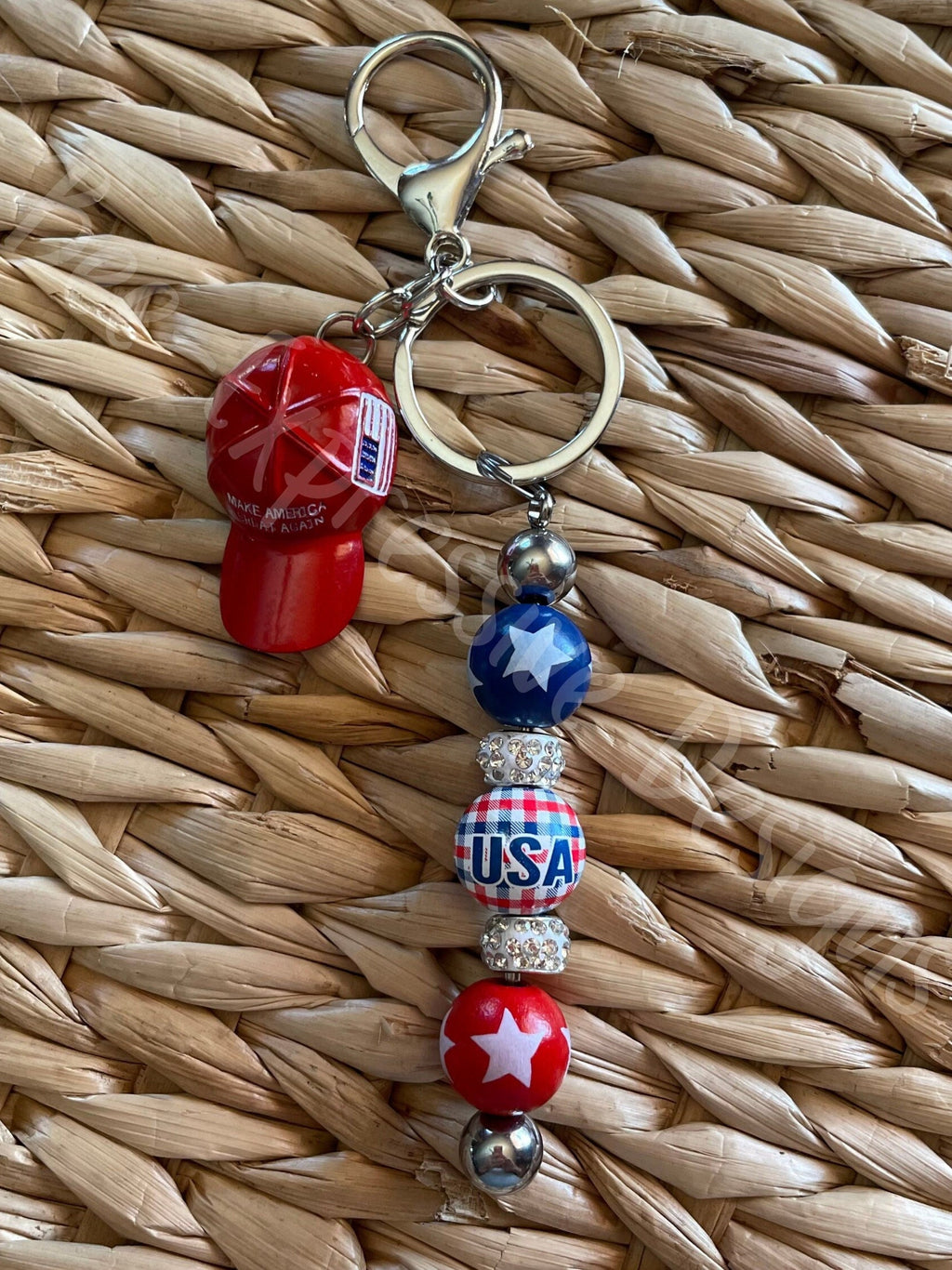 Handmade TRUMP beaded keychain! Metal ball cap, wood beads w/stars, lobster clasp, bead bar, red white blue beads, USA, rhinestone spacers