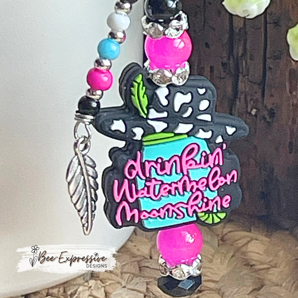 Handmade, unique, and colorful! Lainey watermelon moonshine tumbler charm chain! Lobster claw clasps, acrylic beaded tassel with leaf charm!