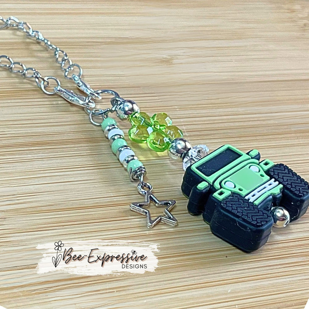 Handmade, green 4x4 vehicle charm chain for tumbler!  Acrylic flower, lobster claw clasps, beaded tassel, metal star charm pendant