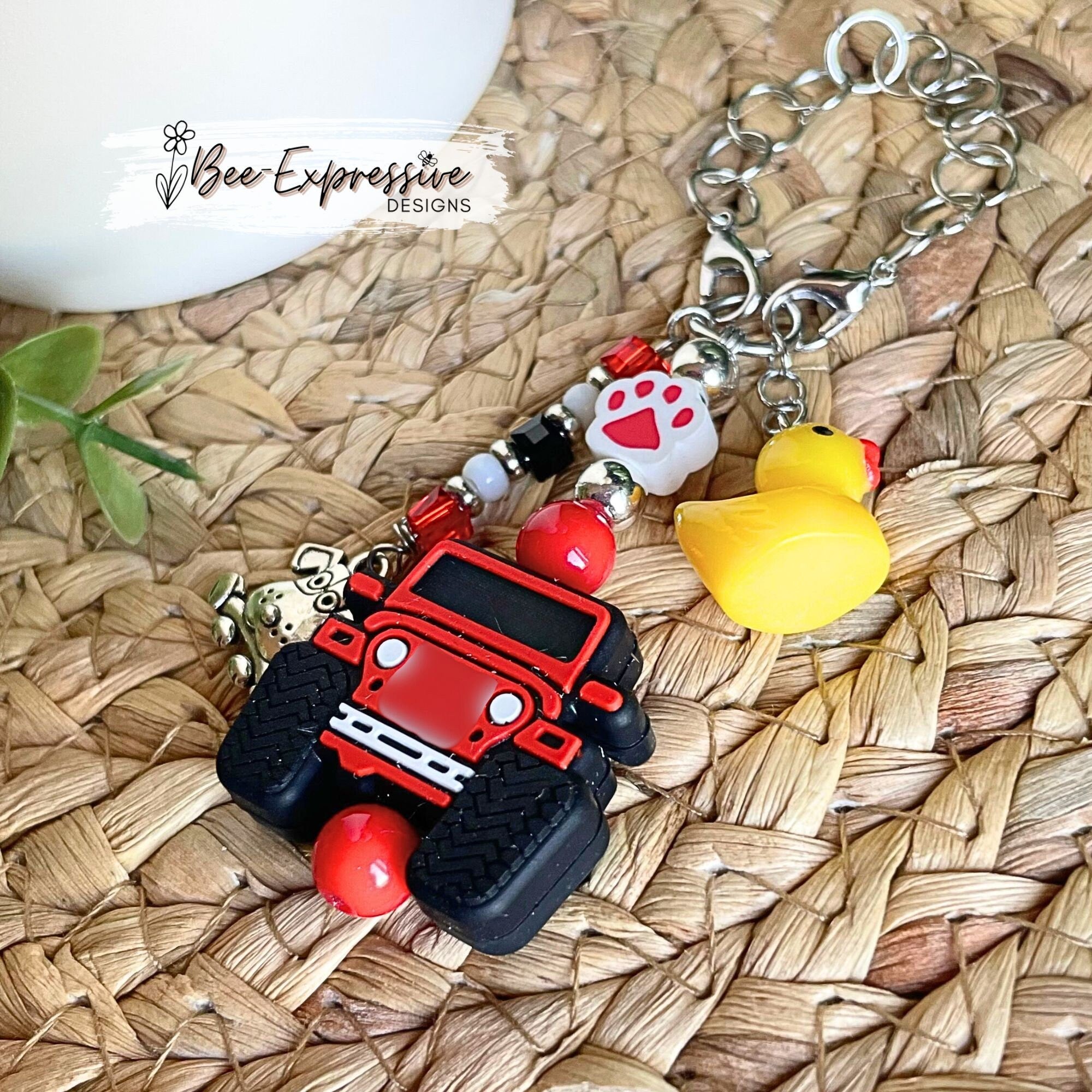 4x4 vehicle, tumbler charm chain! Beaded acrylic tassel with a puppy charm, acrylic duck charm, clay dog paw print bead, choose your colors!