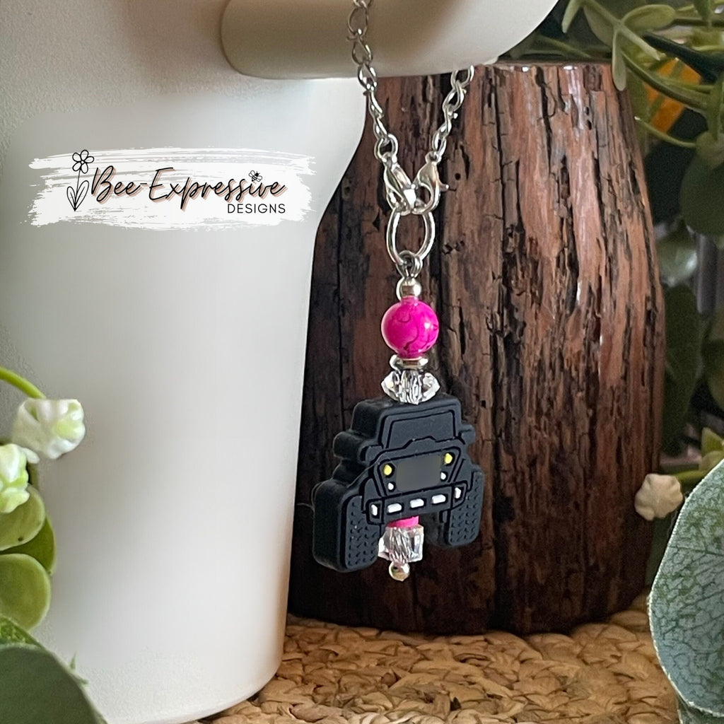 Handmade, unique, and fun! A black 4x4 charm chain for the tumbler!  Clear and fuschia acrylic beads