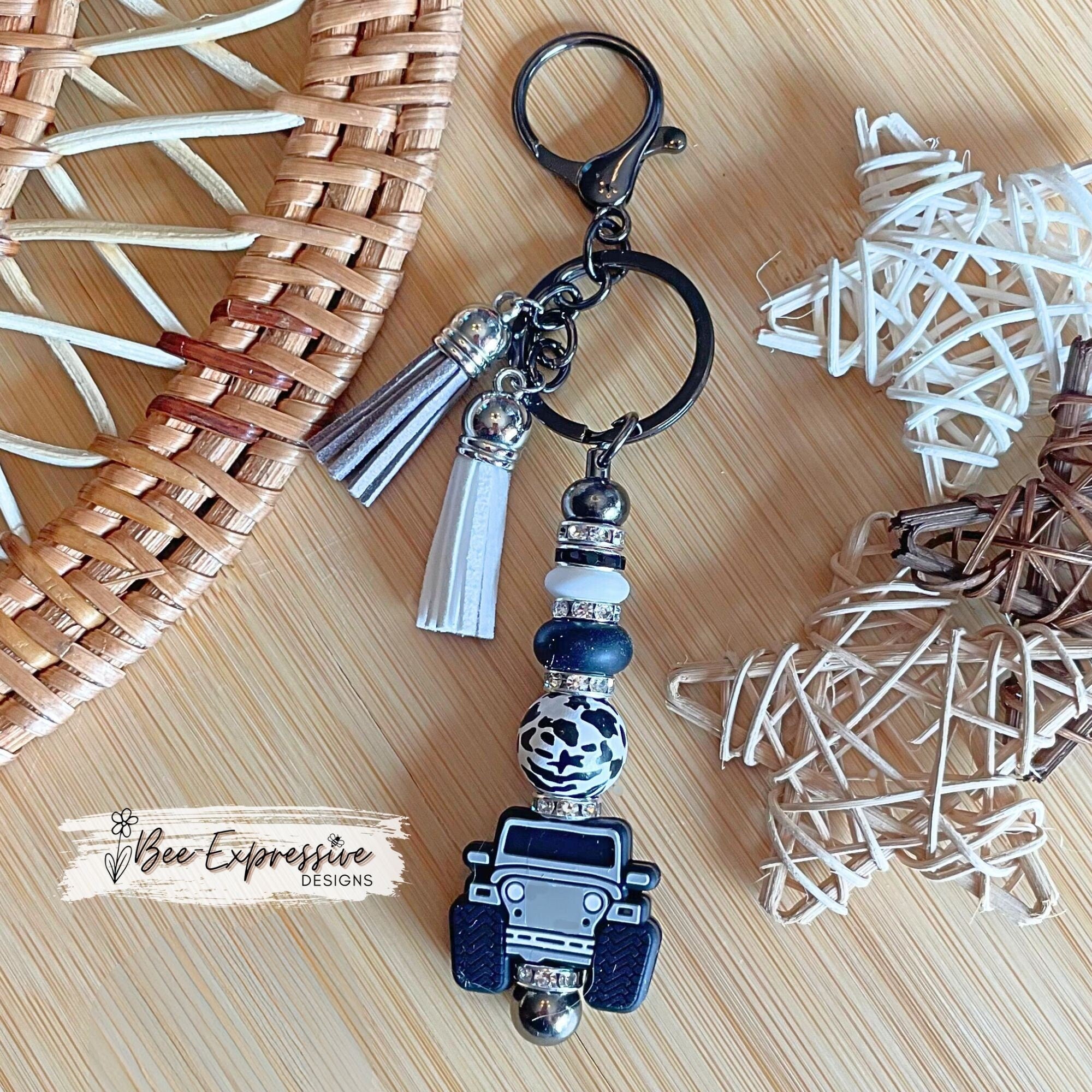 4x4 Vehicle Beaded Keychain: Animal Print Bead, Rhinestone Spacers