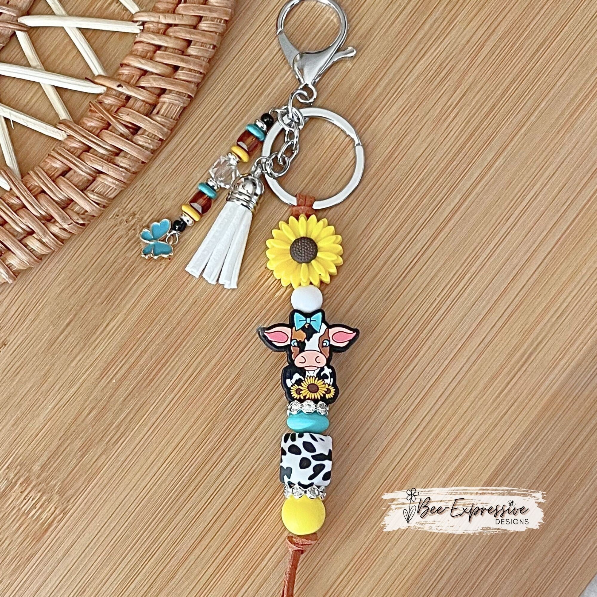 Cow & Sunflower Keychain: Beaded Tassel, Butterfly Charm