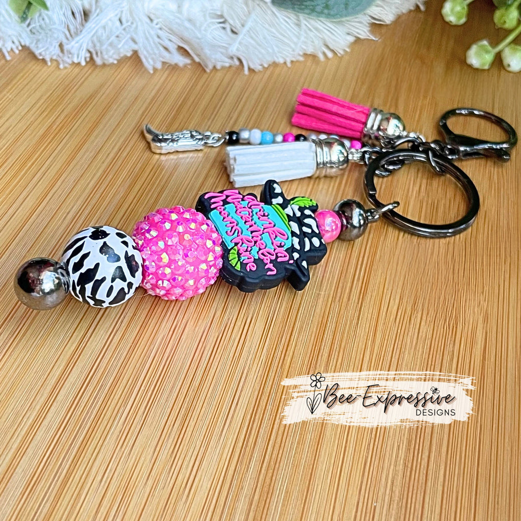 Beaded, Lainey, WATERMELON MOONSHINE, keychain!  Lobster or swivel clasp, chunky bead, animal print bead, acrylic beaded tassel, boot charm