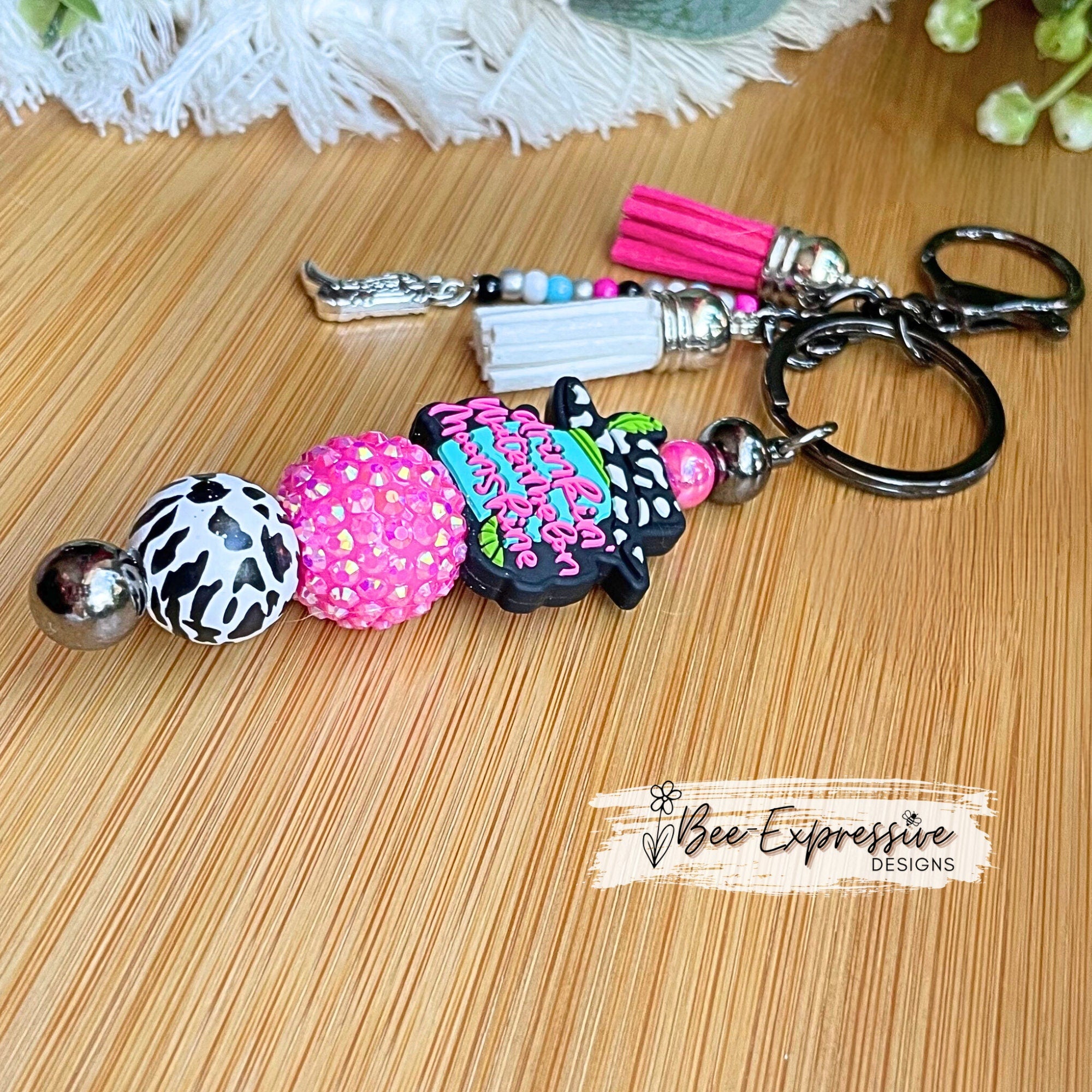 Beaded, Lainey, WATERMELON MOONSHINE, keychain!  Lobster or swivel clasp, chunky bead, animal print bead, acrylic beaded tassel, boot charm