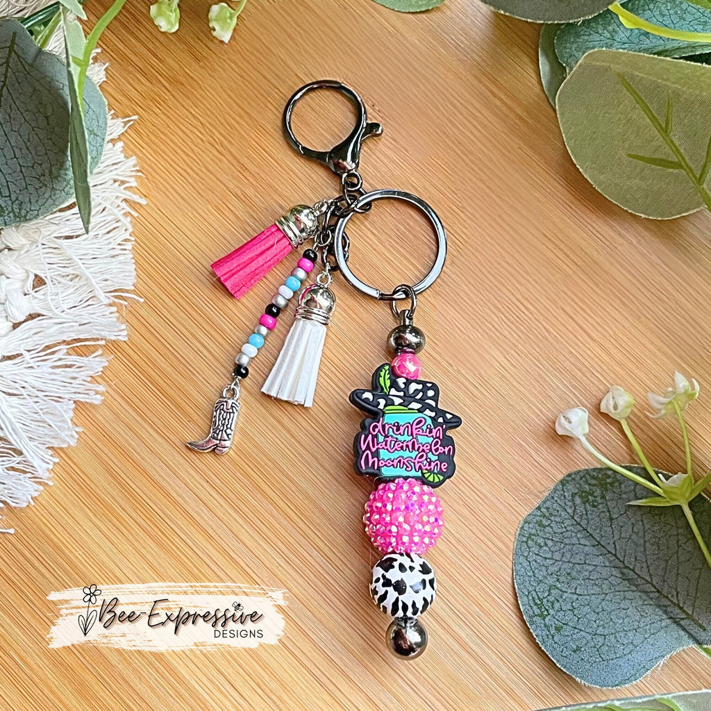 Beaded, Lainey, WATERMELON MOONSHINE, keychain!  Lobster or swivel clasp, chunky bead, animal print bead, acrylic beaded tassel, boot charm