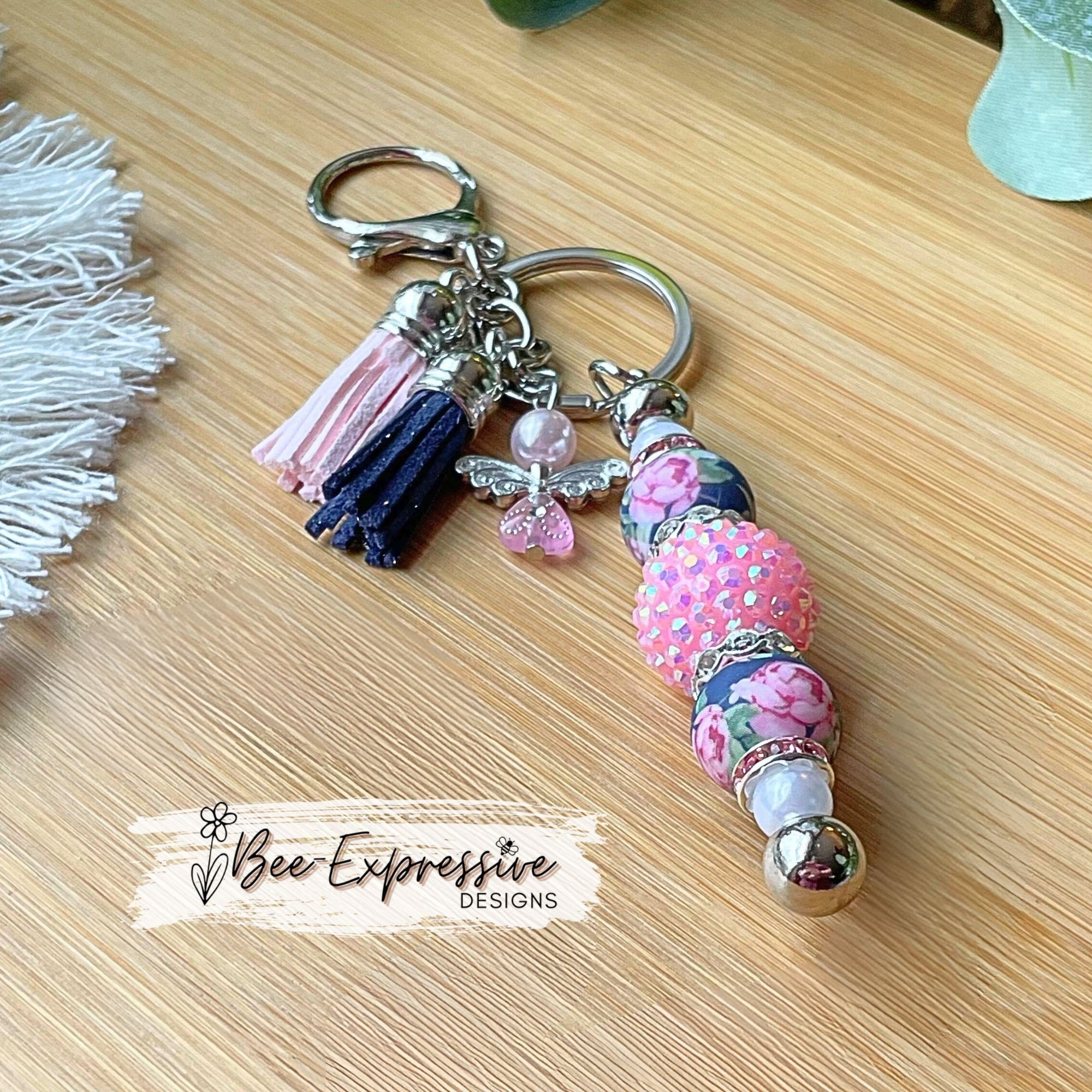 Beautiful, handmade keychain with 20mm rhinestone bead! Lobster clasp, metal keychain, rhinestones, faux pearl, beaded metal angel charm!