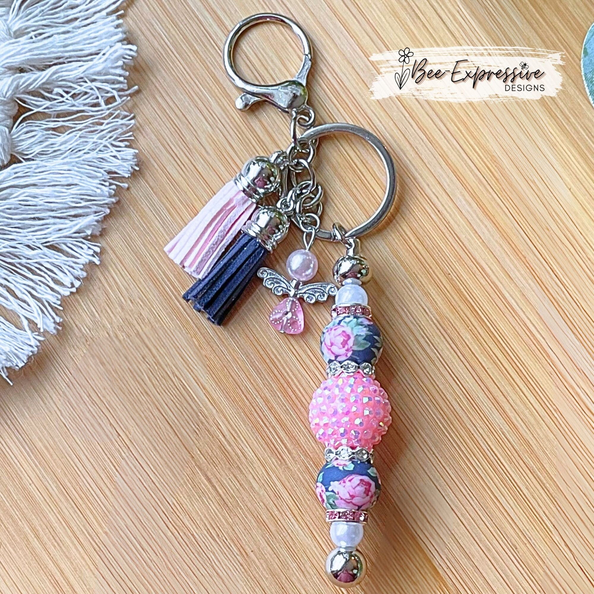Beautiful, handmade keychain with 20mm rhinestone bead! Lobster clasp, metal keychain, rhinestones, faux pearl, beaded metal angel charm!