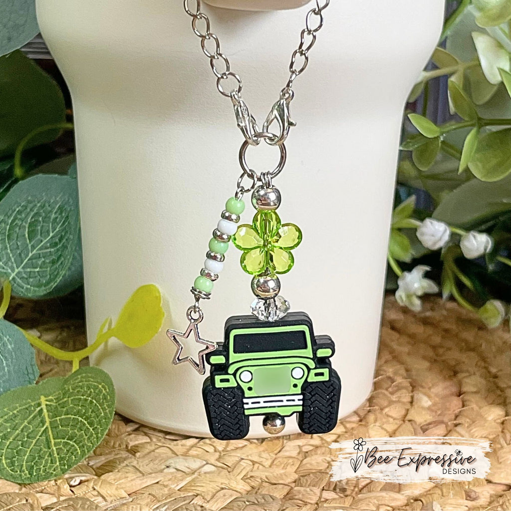 Handmade, green 4x4 vehicle charm chain for tumbler!  Acrylic flower, lobster claw clasps, beaded tassel, metal star charm pendant
